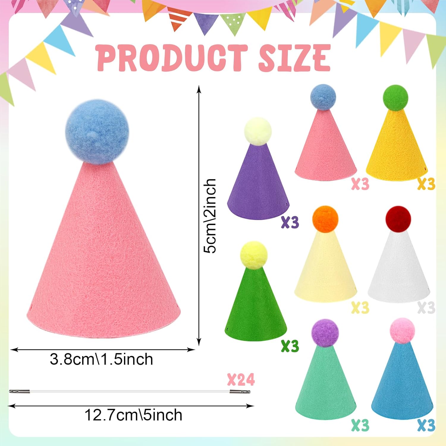 24 Pack Mini Party Hats for Stuffed Animals Figures, Tiny Finger Hats for Mini Toys Dinosaur Animal for Birthday Party Decoration Cake Toppers
