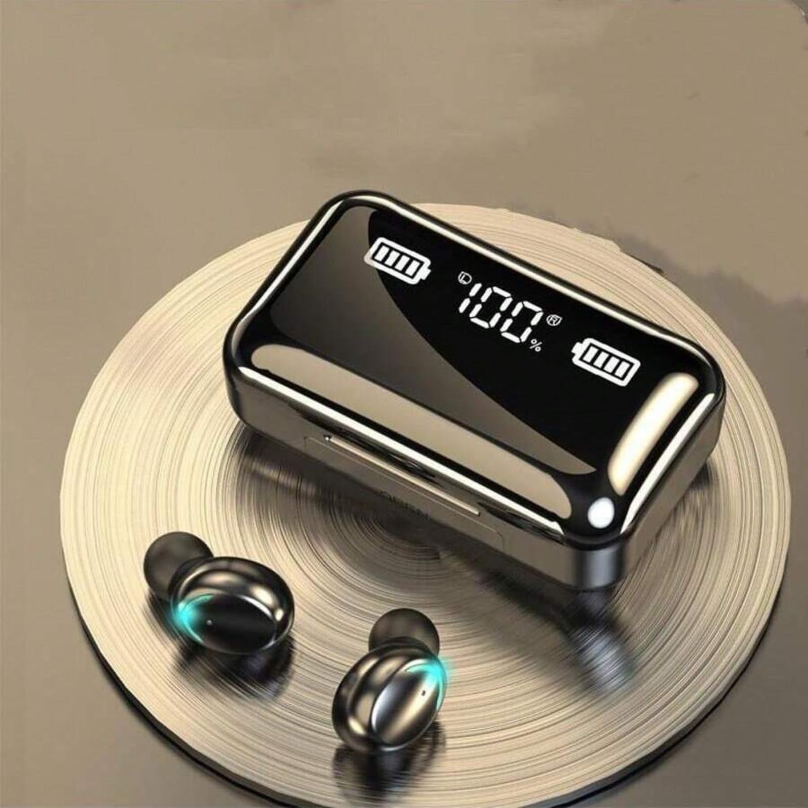 PAVUN Wireless Bluetooth Earbuds in charging case with LED display showing 100% charge