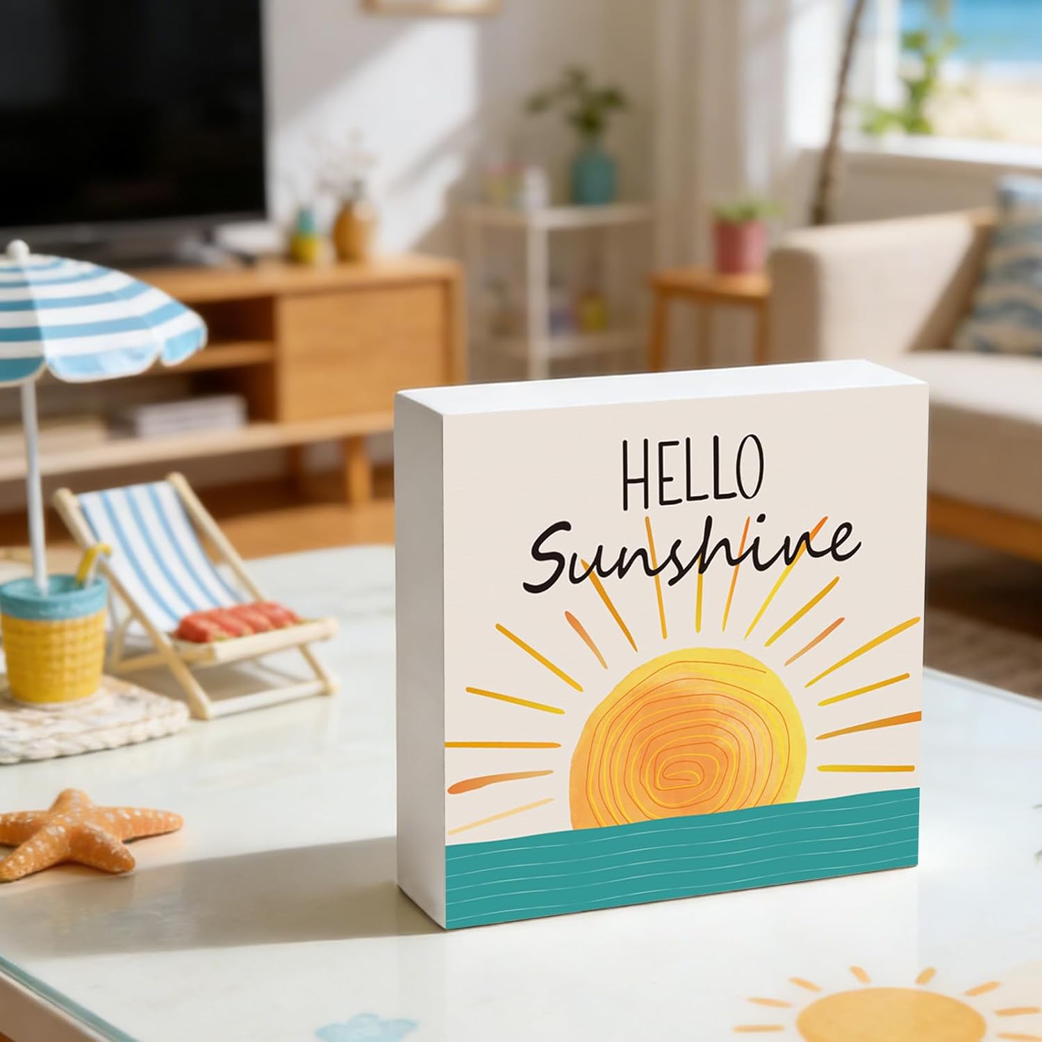 Summer Decor Summer Decorations for Home Indoor Hello Sunshine Table Decor Home Room Office Bathroom Wood Box Sign Rustic Wooden Shelf Desk Decor Season Sign House Warming Gifts 5.9 x 5.9 Inch - Image 5