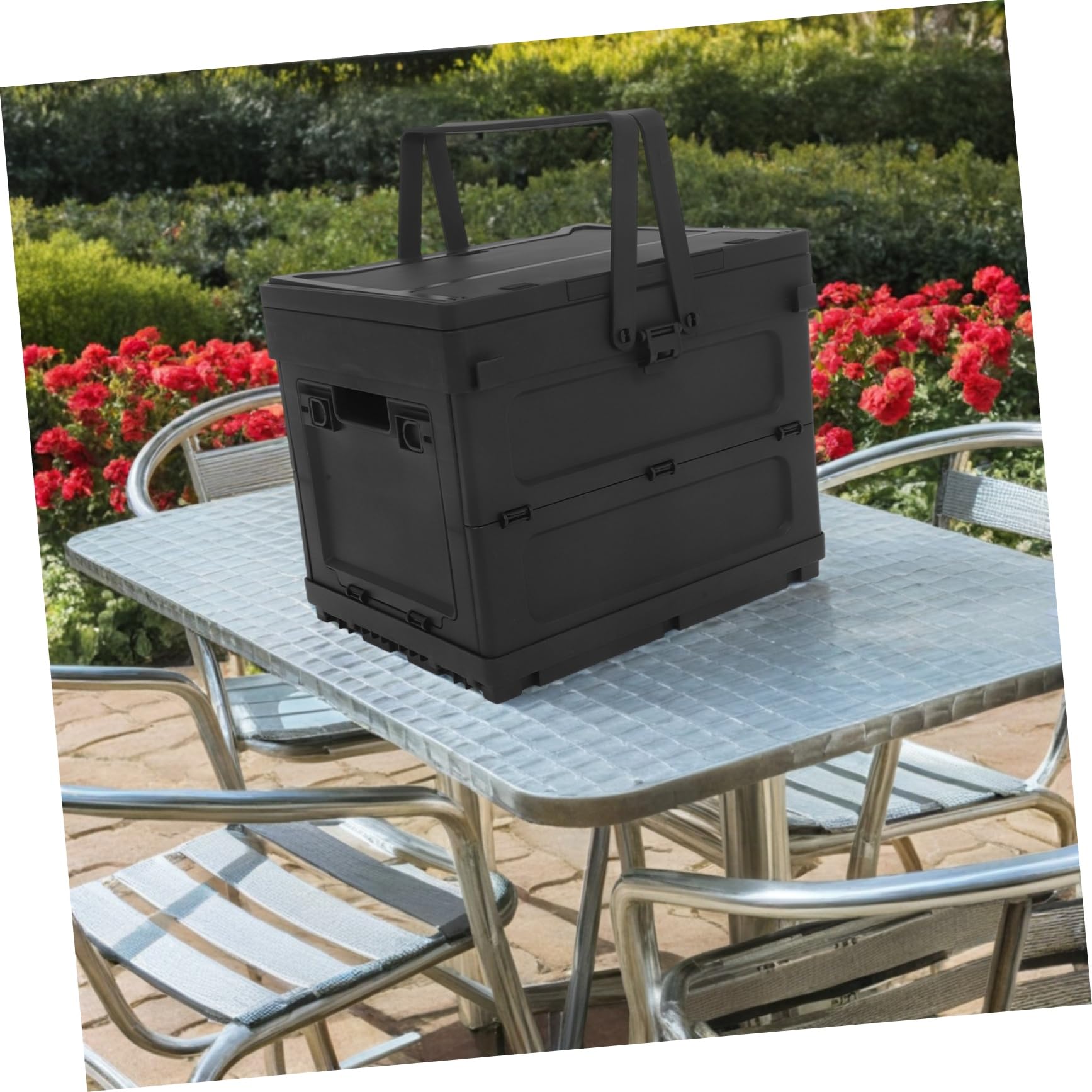 Caja de Almacenamiento Plegable de Plástico Negro para Camping Diseño Multifuncional con Asa Incorporada y Función de Mesa Pequeña y Maletero de Coche