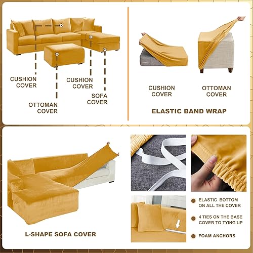 Miniatura 4 de Funda de terciopelo para sofá, lavable para base separada, respaldos y cojines de asiento, funda para sofá en forma de UL (dorado, cojín