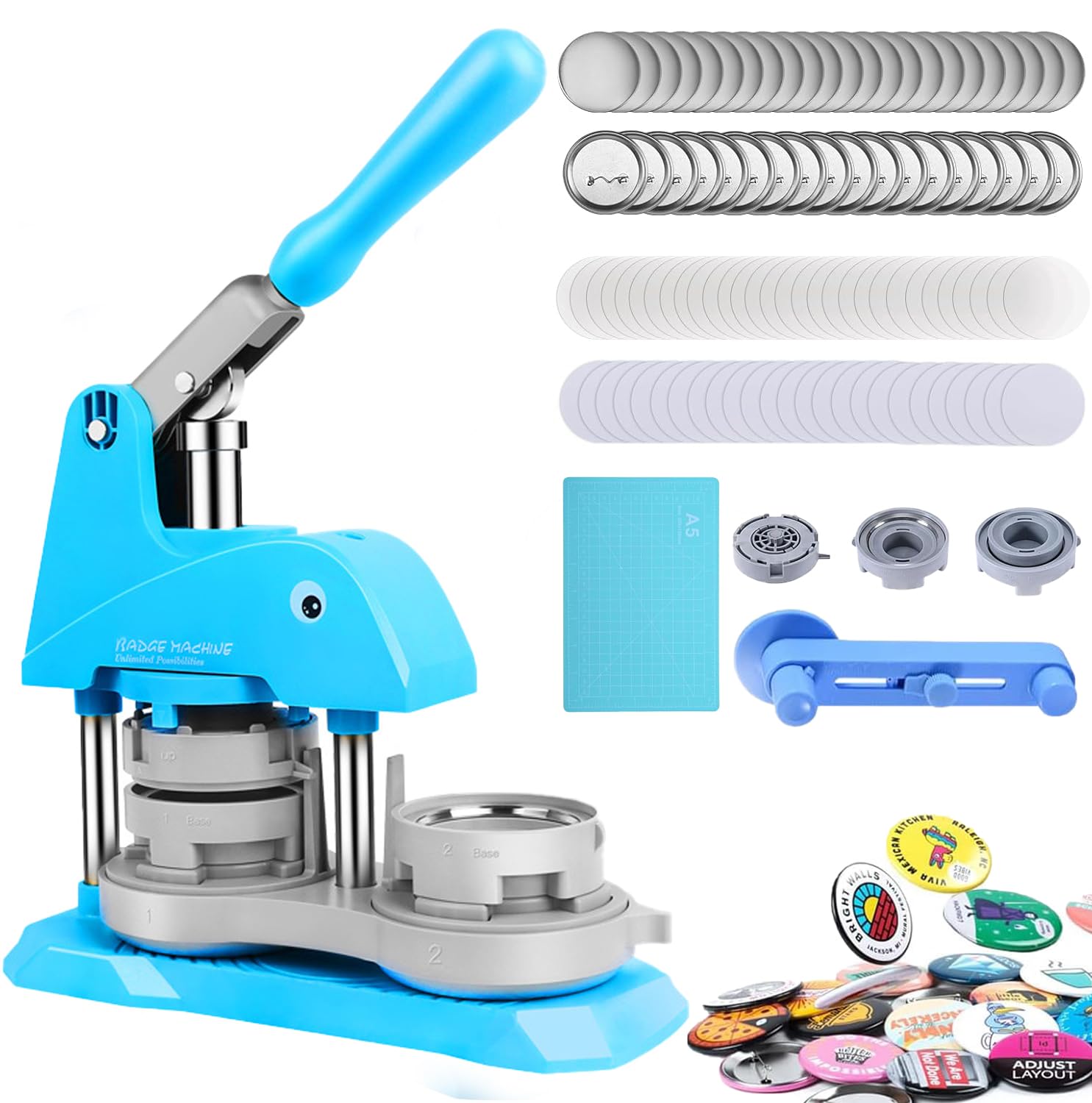 ZXGRfdefa Badge maker, 58mm Pin Button Maker With 100pcs Accessories & Circle Cutter, Custom Metal Badge Press Machine(Blue)
