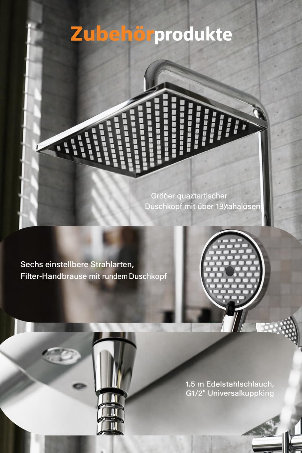 Cobbe Thermostatische Duscharmatur mit 12" eckiger Regendusche, 20" höhenverstellbarer Schienensatz, 6-Modus-Handbrause, 1,5m Schlauch, Dreifach-Wasserauslasssteuerung (Chrom)