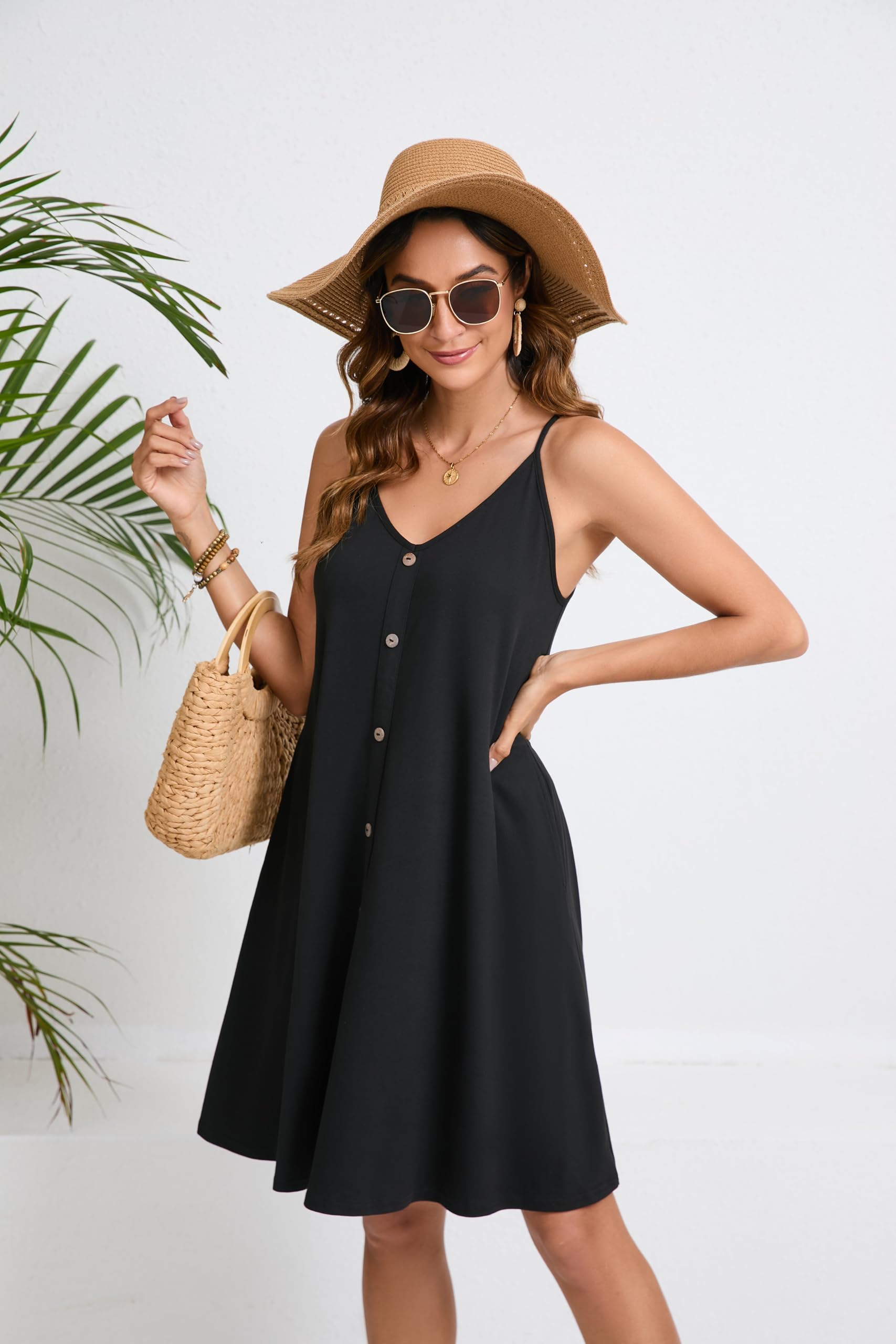 Enmain Mujer Vestidos Verano Floral Sin Mangas Vestido de Playa hasta la Rodilla Casual Cuello en V Tirantes de Espagueti Vestidos con Bolsillos para Fiesta Hawai Vacaciones S-2XL