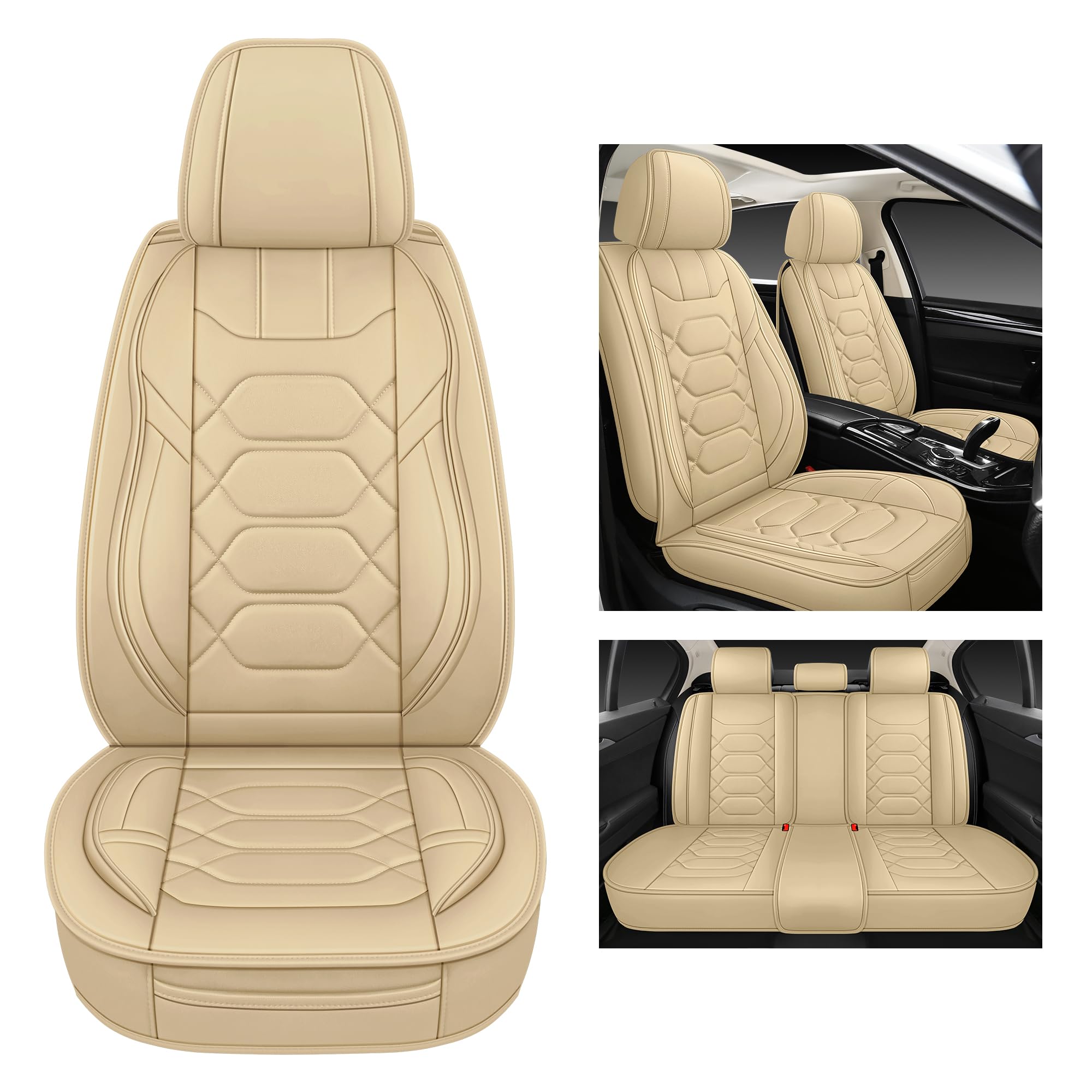 Pariitadin Leather Car Seat Covers Full Set, Waterproof Breathable Faux Leather Automotive Seat Covers for Cars, Non-Slip Car Interior Covers Universal Fit Most Cars Sedans Trucks SUVs, Beige