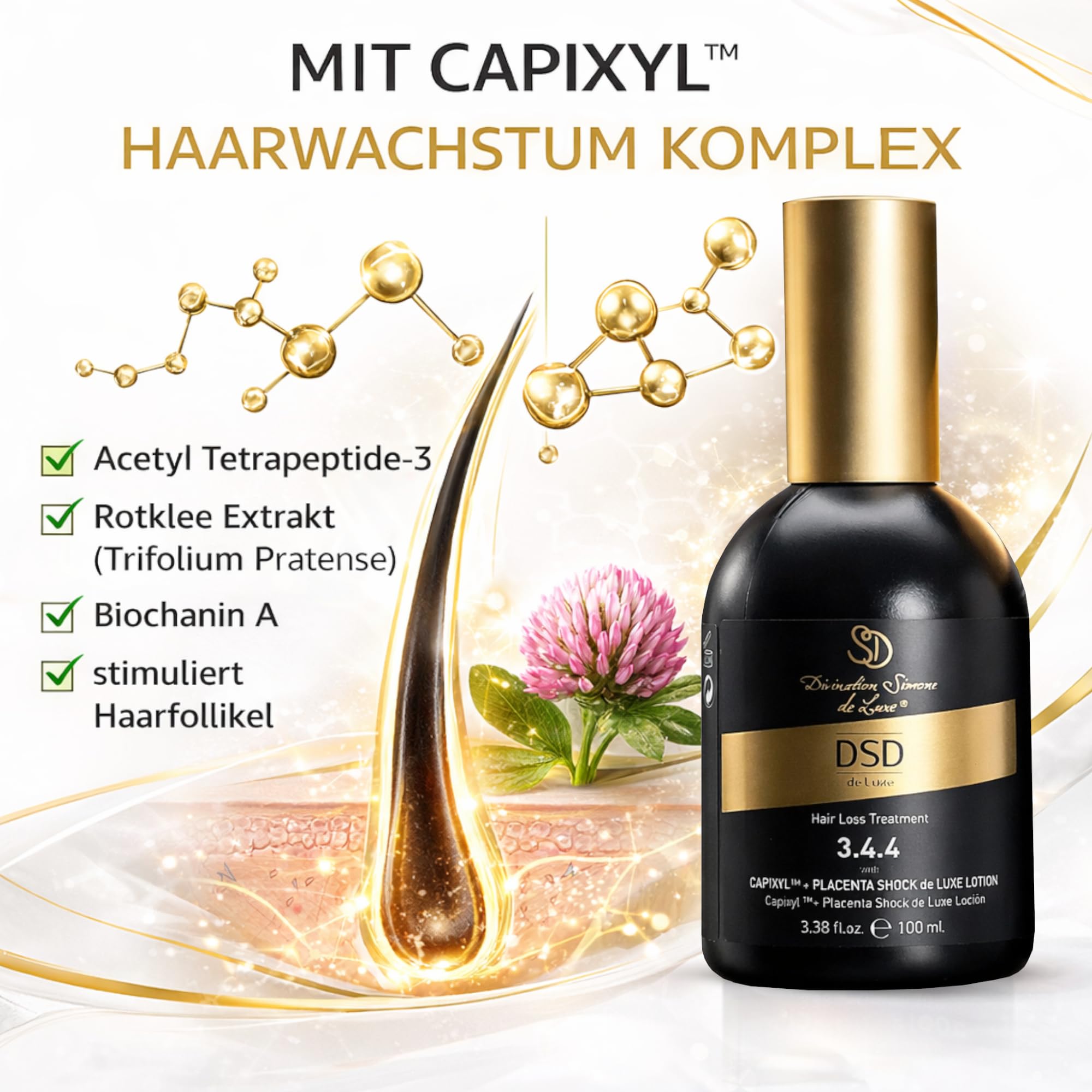 DSD de Luxe 3.4.4 Capixyl + Placenta Shock Lotion 100ml – Haarwachstum Serum gegen Haarausfall mit Acetyl Tetrapeptide-3, Rotklee Extrakt, Biochanin A, Keratin, Niacinamide – Kopfhaut Treatment