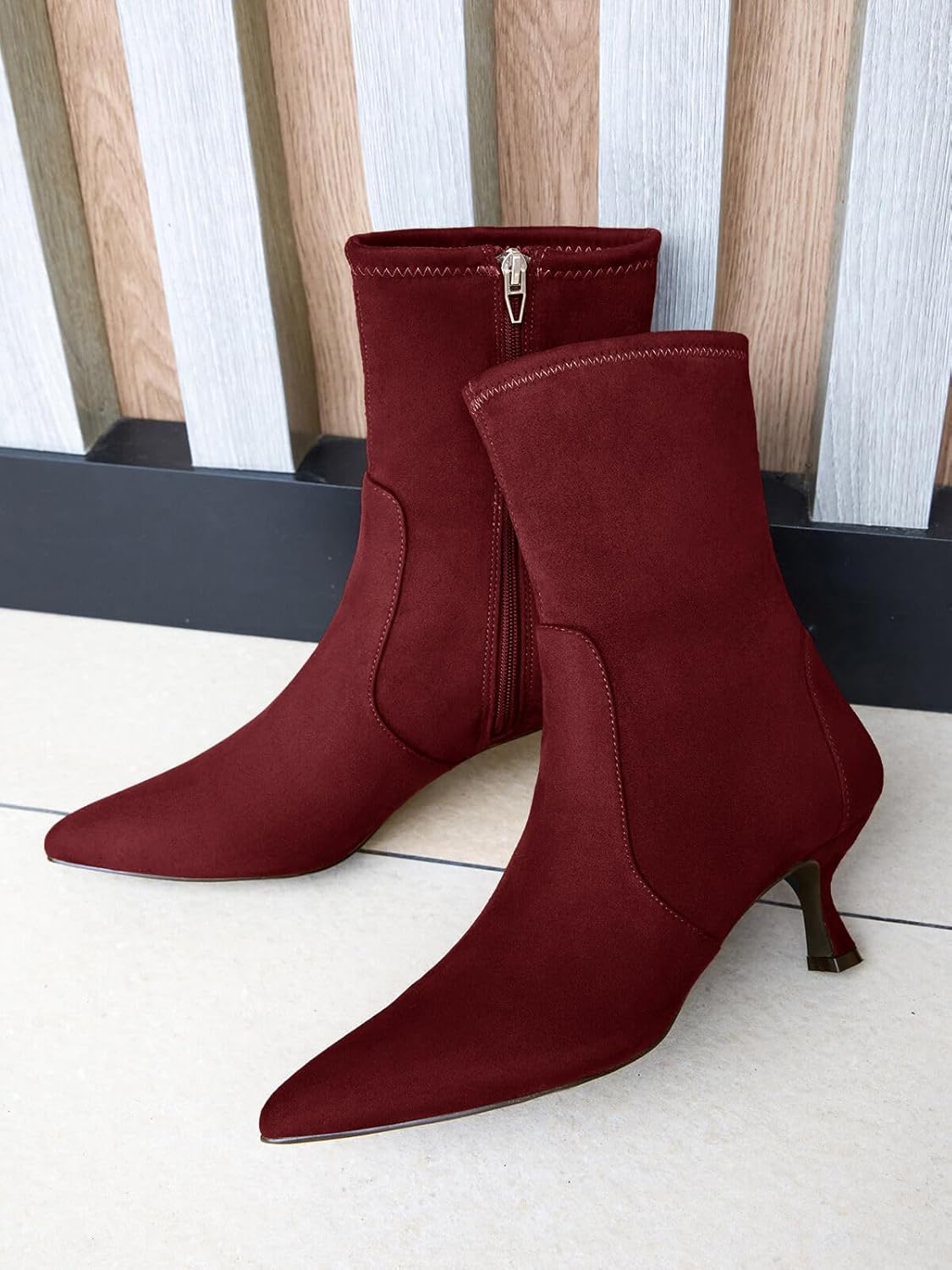 Coutgo Womens Low Kitten Heel Ankle Boots Pointed Toe Booties Side Zipper Fall Shoes - Image 3