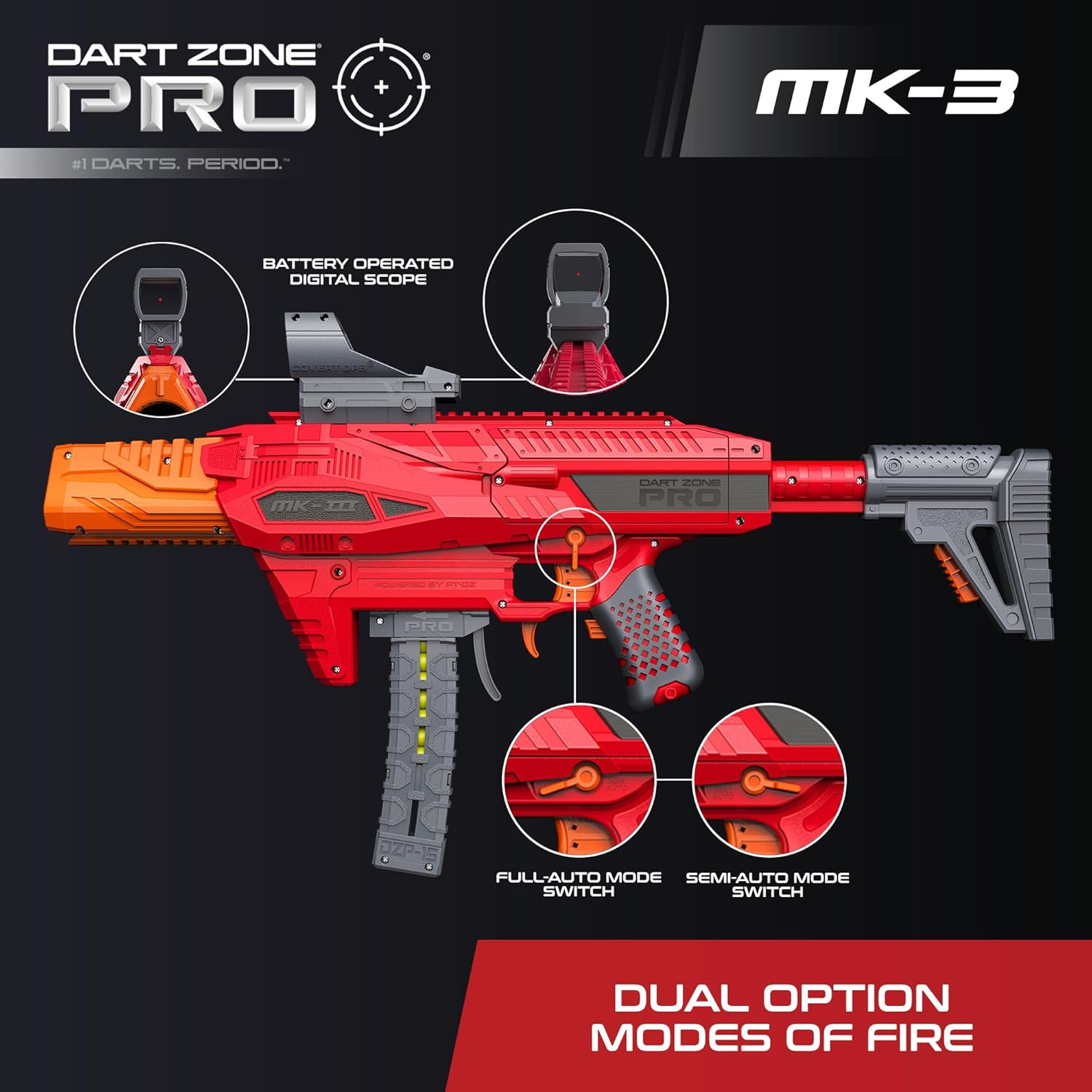DART ZONE Pro-Series MK-3 Motorized 150 FPS Full Auto Blaster for Ages 14+ - 30 Soft Bullet Darts, Red Dot Sight, Mags, Stock & Eyewear - 125 ft Range