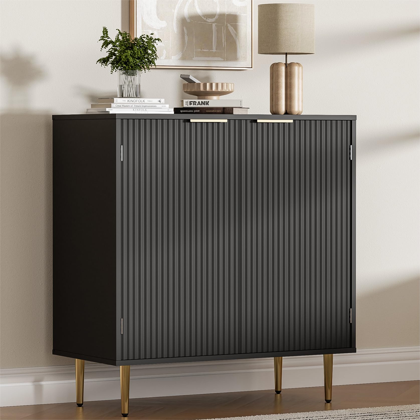 Housoul Fluted Buffet Sideboard Cabinet with 2 Doors, Modern Kitchen Cabinet with Golden Handles & Legs, Adjustable Shelf, Accent Coffee Bar Storage