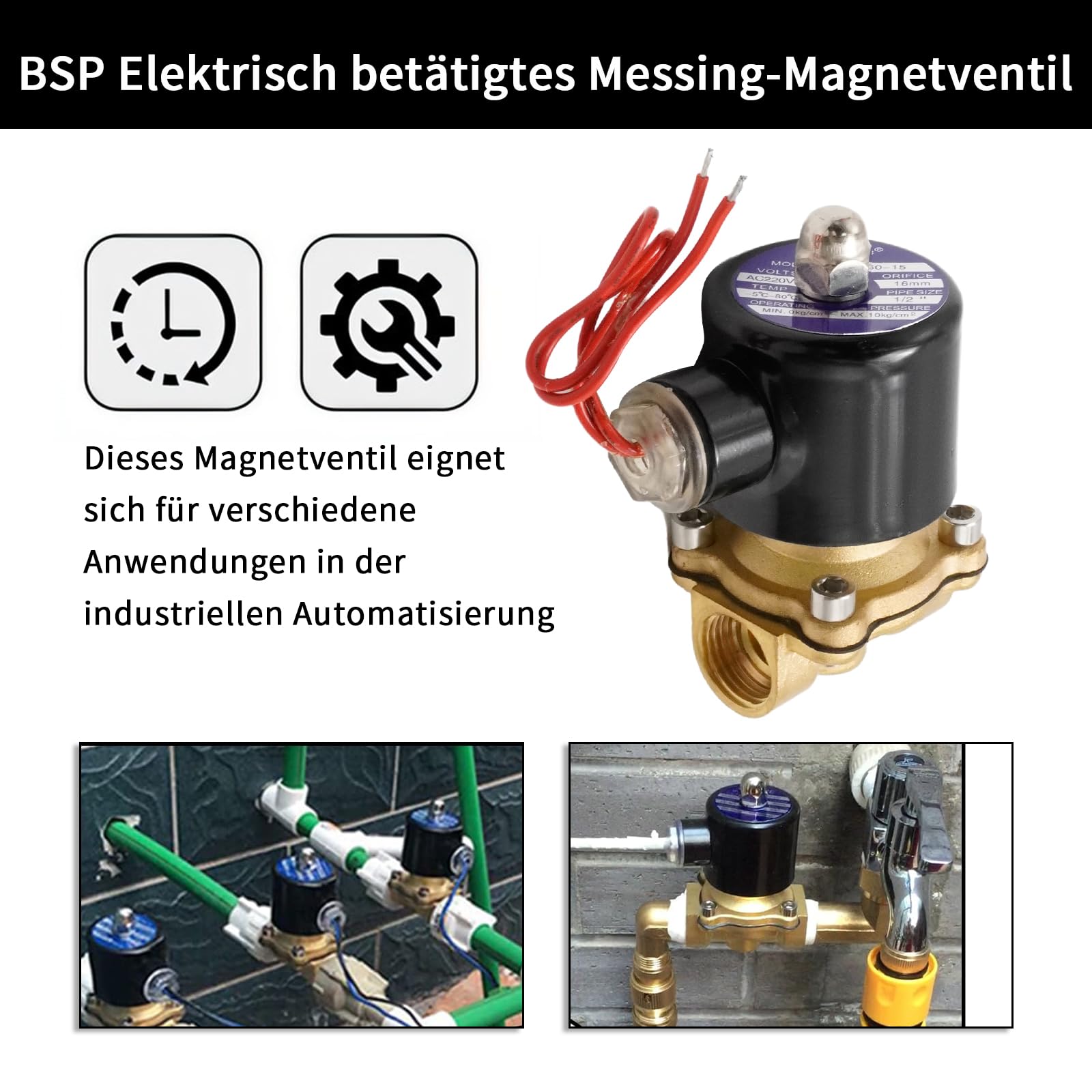 Hoypeyfiy 1/2'' BSP Elektrisch betätigtes Messing-Magnetventil, AC 220 V NC Elektrisch betätigtes Messing-Magnetventil, für Wasser, Luft, Gas und Öl