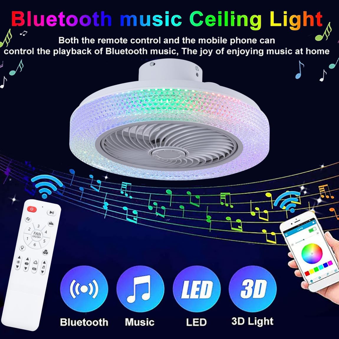 Ventilatore da soffitto bianco con altoparlante Bluetooth e luce integrata, senza pale, con luce LED a colori variabili, piccolo, moderno e lucido, da incasso per camera da letto, con timer e 6 veloc