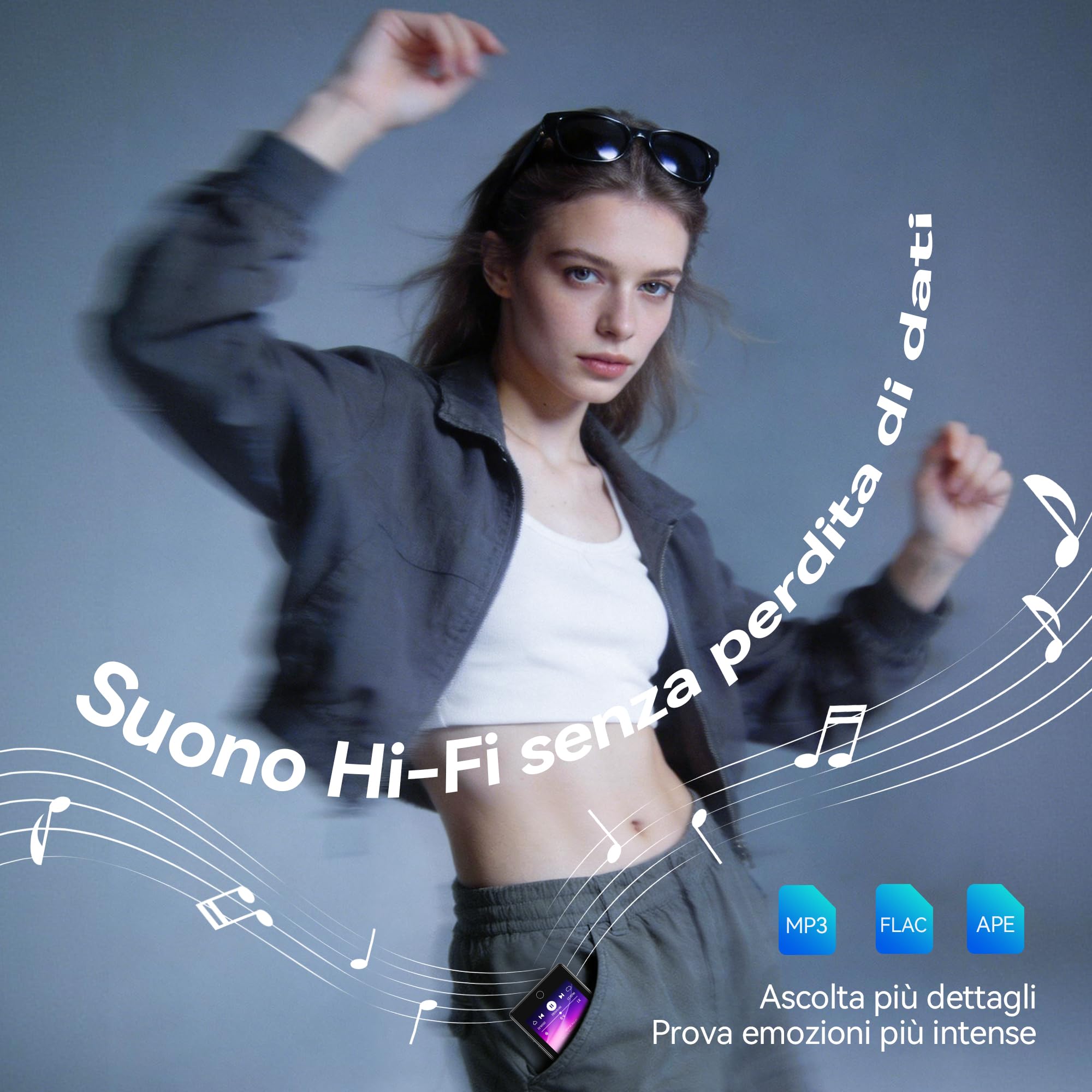 AGPTEK MP3 Bluetooth 5.3 con Schermo Tattile da 2,8", Lettore MP3 con Audio HiFi, Radio FM, Registratore e Altoparlante, 64GB Lettore Espandibile a 128GB, y Player Custodia in Silicone