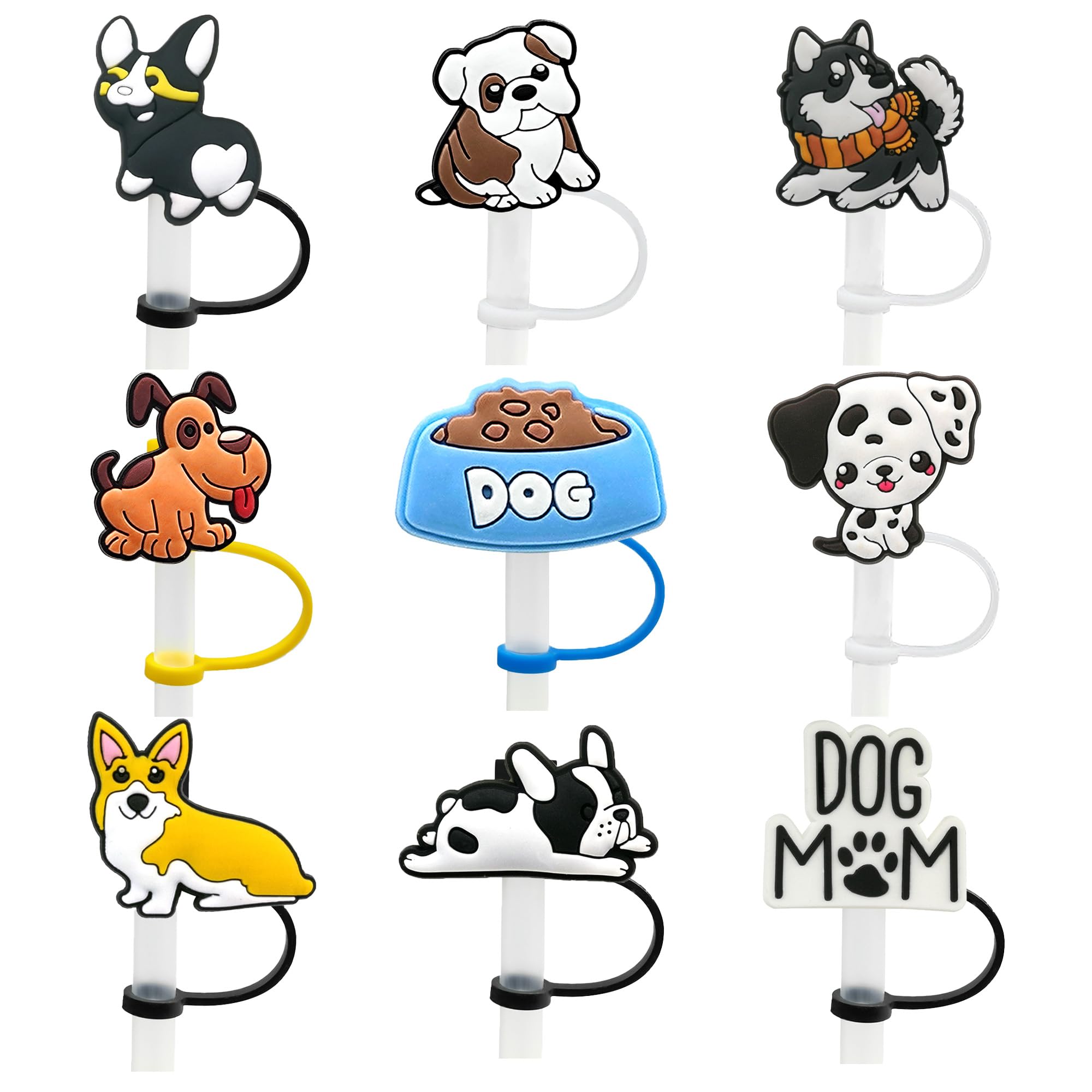 9PCS Straw Covers, 10mm Cute Straw Toppers for Stanley, Dog Straw Covers Cap for Stanley Tumblers Drinking Cups, Accessories for Stanley Cup