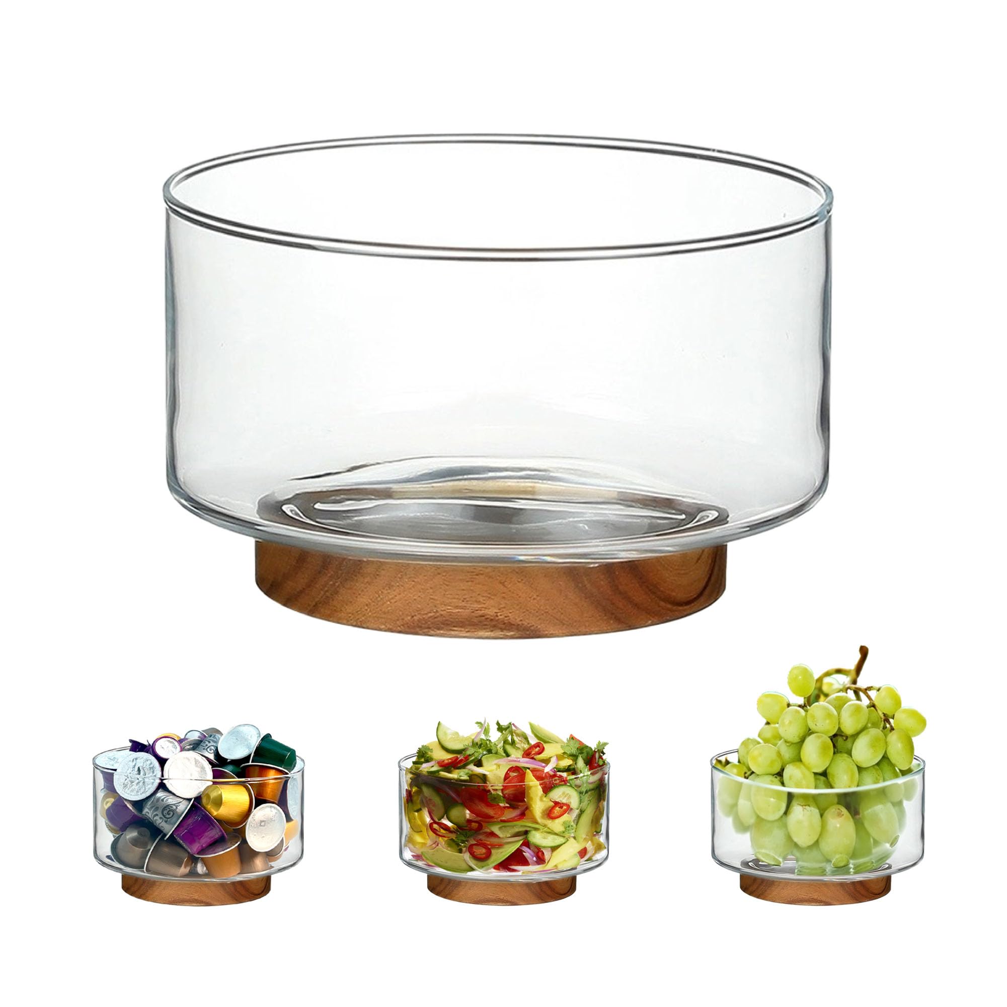 CAMATET Coffee Pod Holder, Glass Salad Bowl with Acacia Wood Base, Large Capacity K Cup Organizer for Kcup Creamer Storage, Espresso Capsule Holder Coffee Bar Accessories? 7 Inch?1 Pack ?
