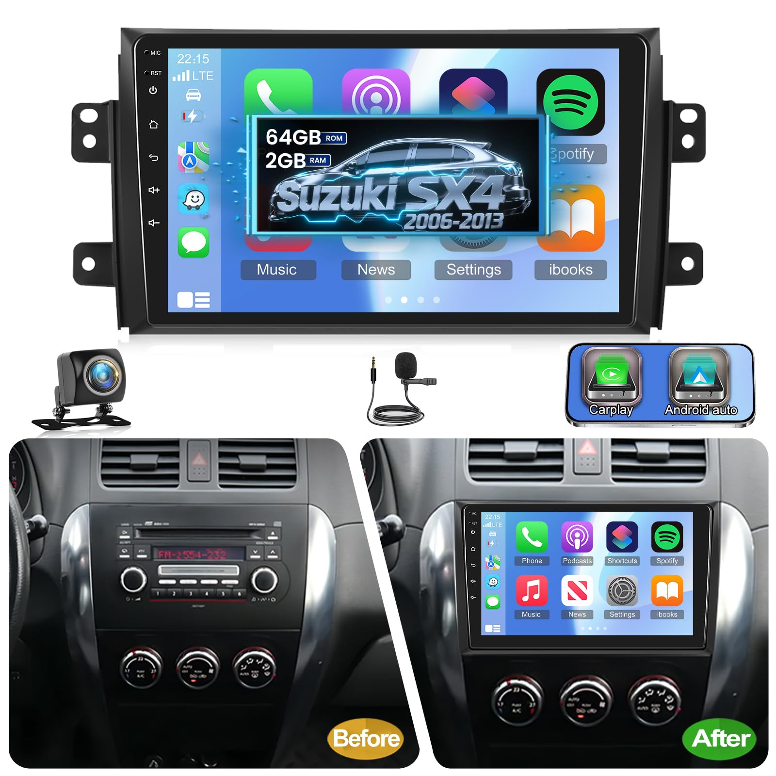 NHOPEEW 2G+64G Android Autoradio per Suzuki SX4 2006-2013 - Senza fili Carplay e Android Auto - 9 pollici Android Stereo con WiFi EQ GPS Mirror Link FM RDS + AHD Telecamera posteriore&Mic