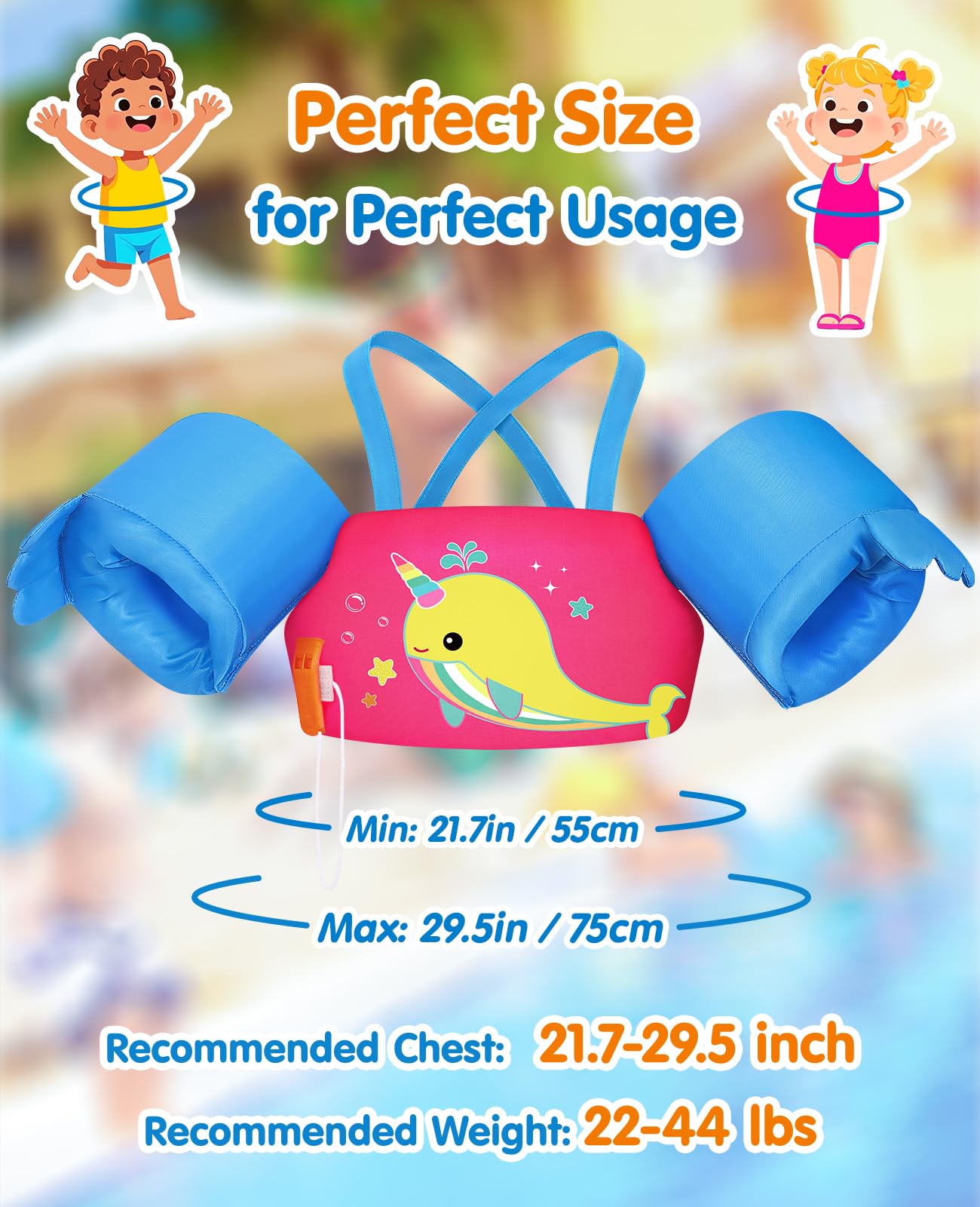 HeySplash Chaleco de Natación para Niños, Manguito de Natación con Correa Ajustable, Flotador de Piscina para Niñas de 13-30/22-44lbs, Flotador para Niños Aprendan a Nadar