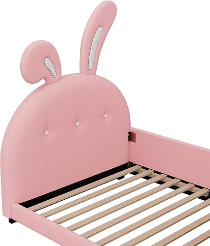Miniatura 4 de Cama de plataforma de tamaño individual con adorno de conejo, base de cama doble tapizada en cuero de lujo, cama individual con cabecera y estribo