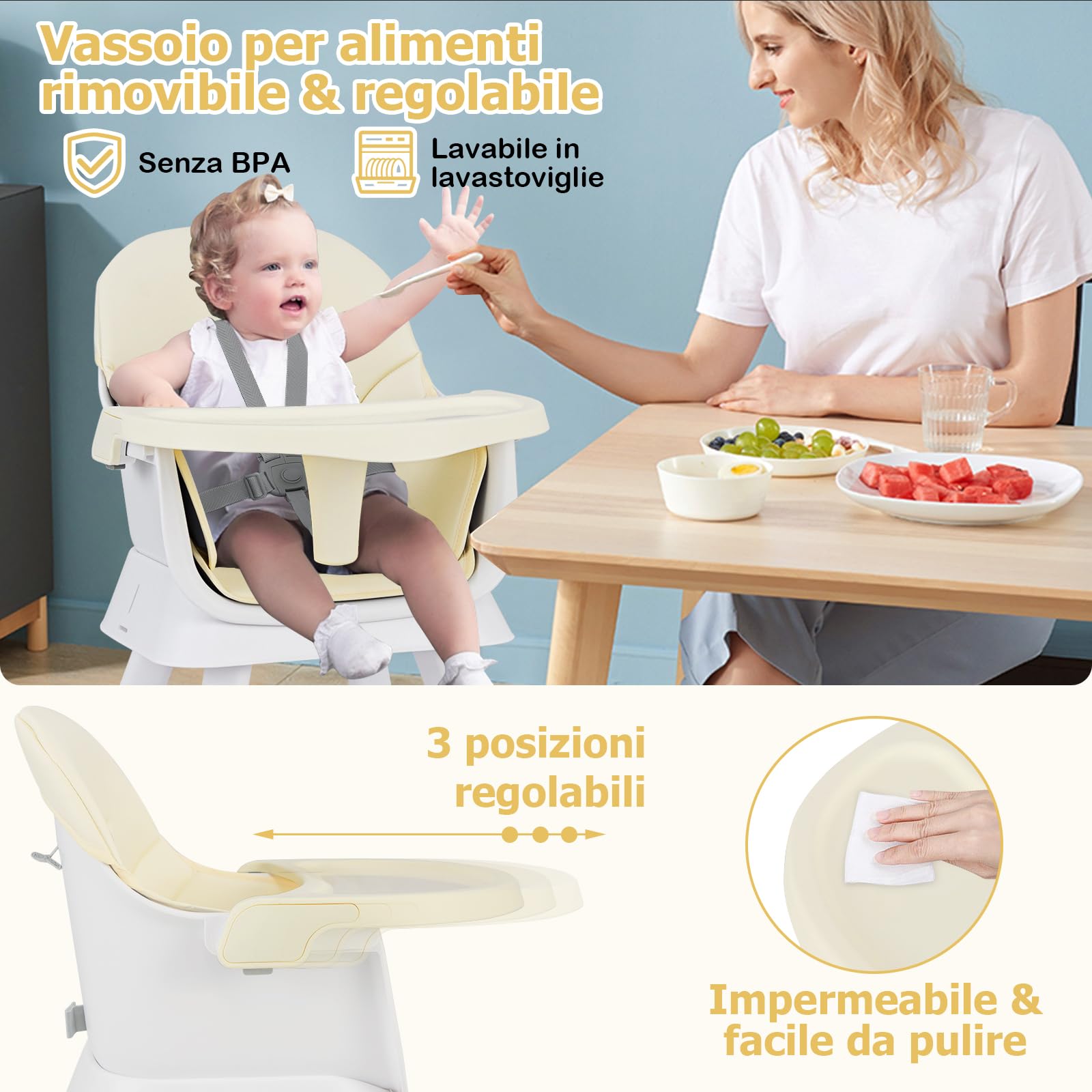RELAX4LIFE 6 en 1 Trona Bebé con Arnes de 5 Puntos y Cojín Desmontables, Tronas de Bebe Portátil con Bandeja Ajustable y Extraíble, Mesa y Silla Infantil para Niños 6+ Meses, Carga 25kg (Beige)