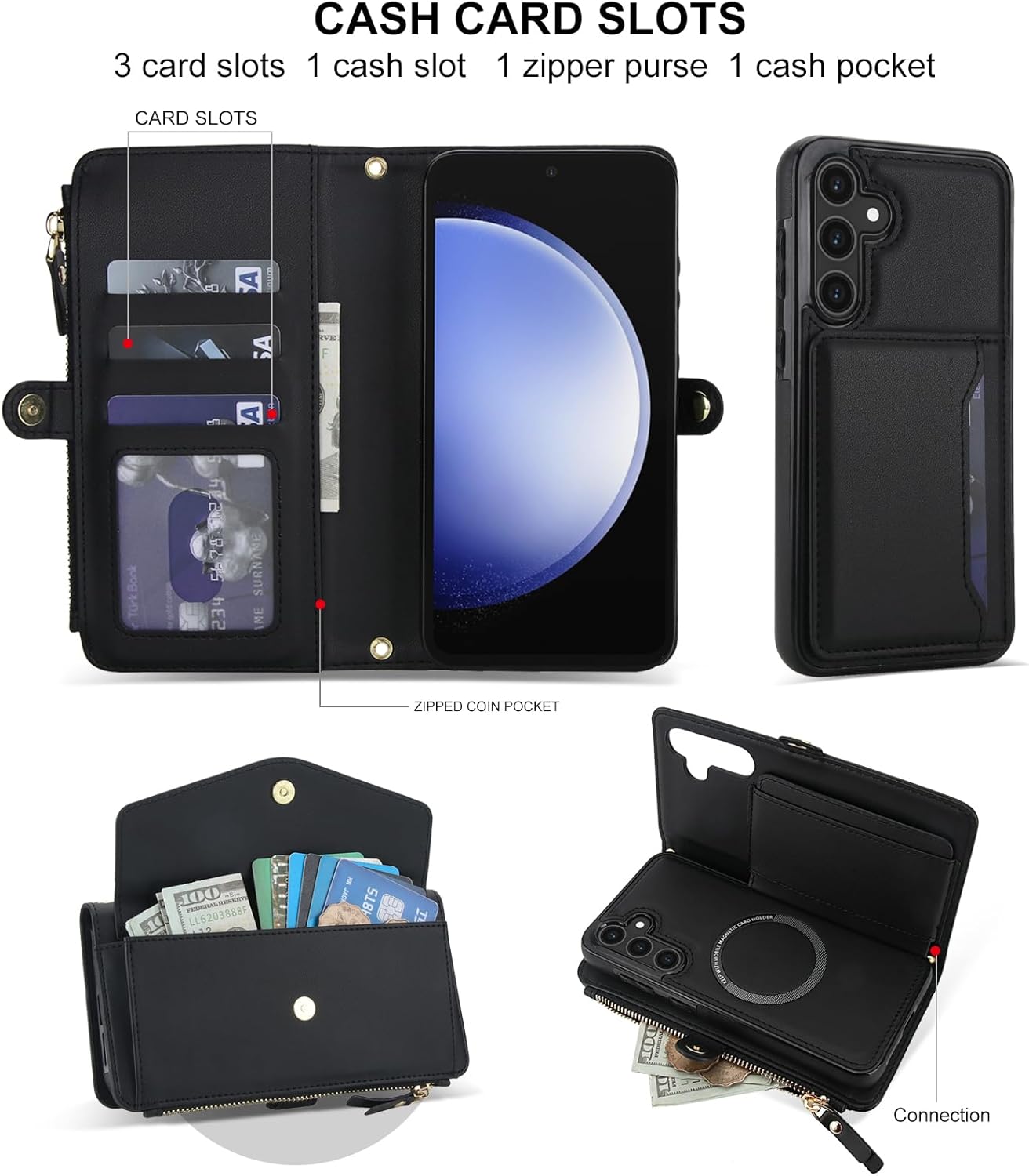 Asuwish Phone Case for Samsung Galaxy S23 FE 5G Wallet Cover Compatible with Magsafe RFID Screen Protector Crossbody Lanyard Strap Flip Card Holder Slot Zipper Cell Purse S 23 EF S23FE 23S Black