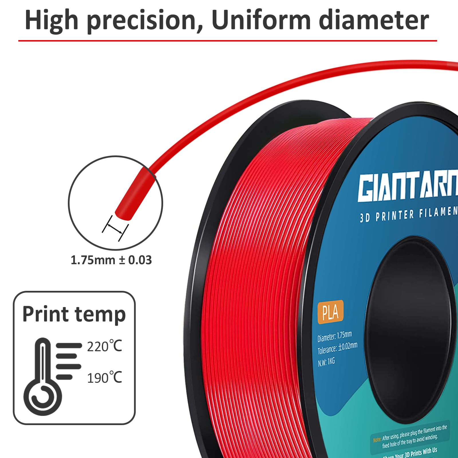 Filamento PLA 1,75 mm, GIANTARM Stampante 3D PLA Filamento 1 kg Spool (Rosso)