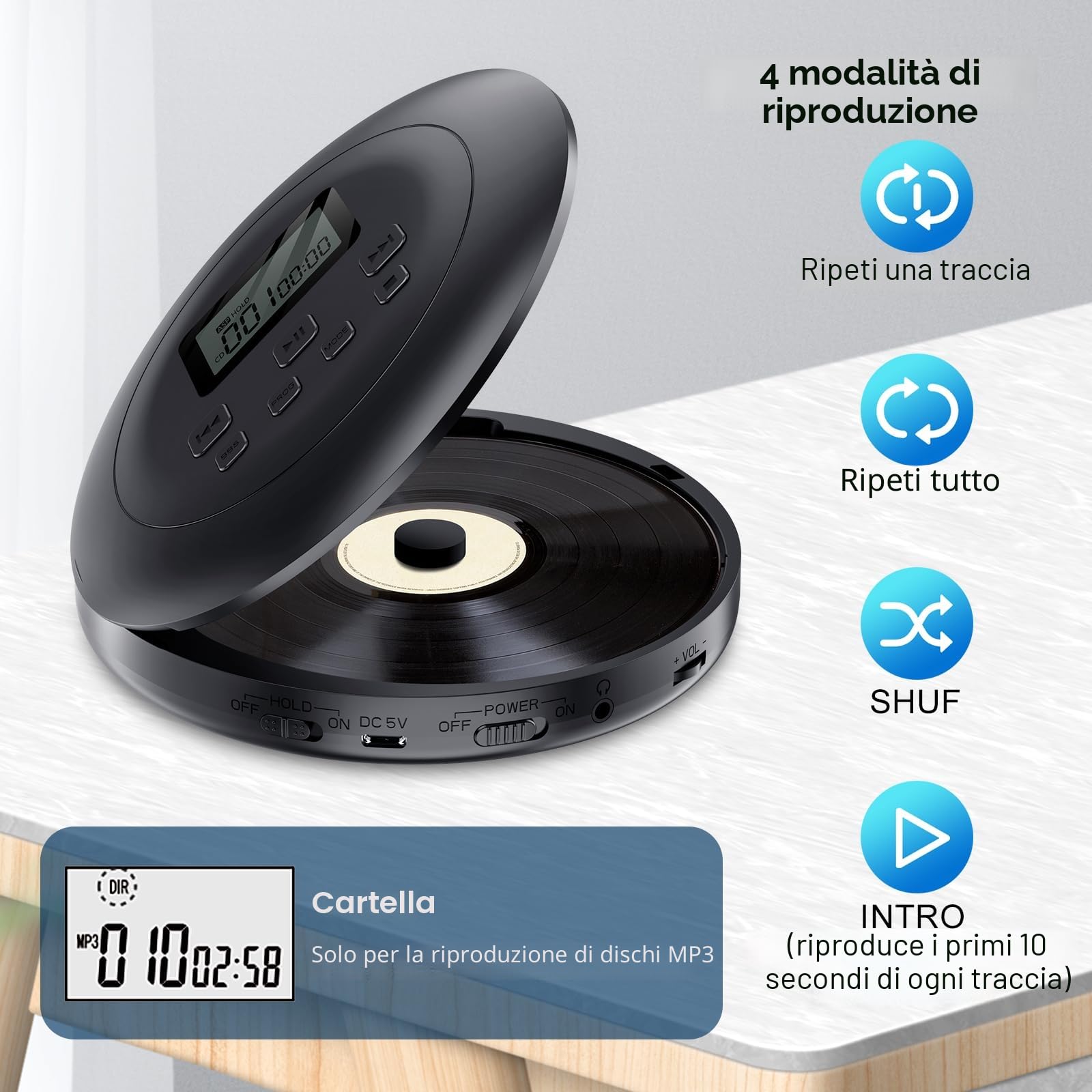 Gueray Lettore CD Portatile Lettores CD Personale con Cuffie Display LCD Anti-Skip Protezione HiFi Classico CDs Lettori di Musica Memoria per Auto Casa (Nero)