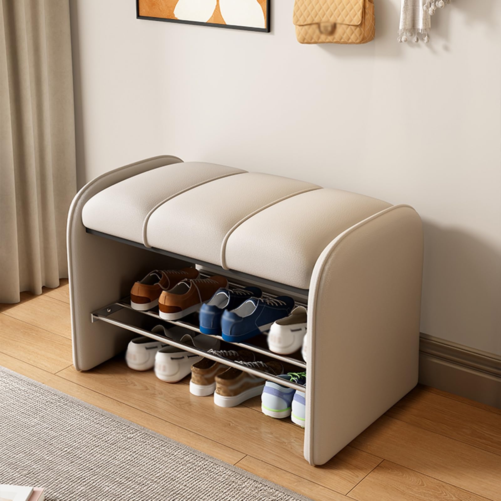 GHFXSCV Multifunctional White Upholstered Storage Bench, Entryway with Footrest, Indoor Shoe nizer, Sturdy Seat, 60x37x45cm/23.6x14.6x17.7in