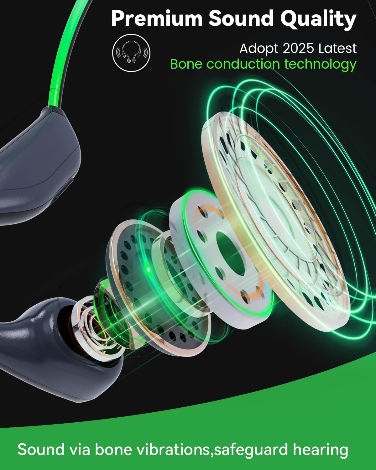 MONODEAL Auriculares conduccion osea, Auriculares inalambricos Deportivos IPX7 a Prueba de Sudor, Bluetooth 5.3 Verde con luz Inteligente, auriculare oseos 20 Horas de reproducción