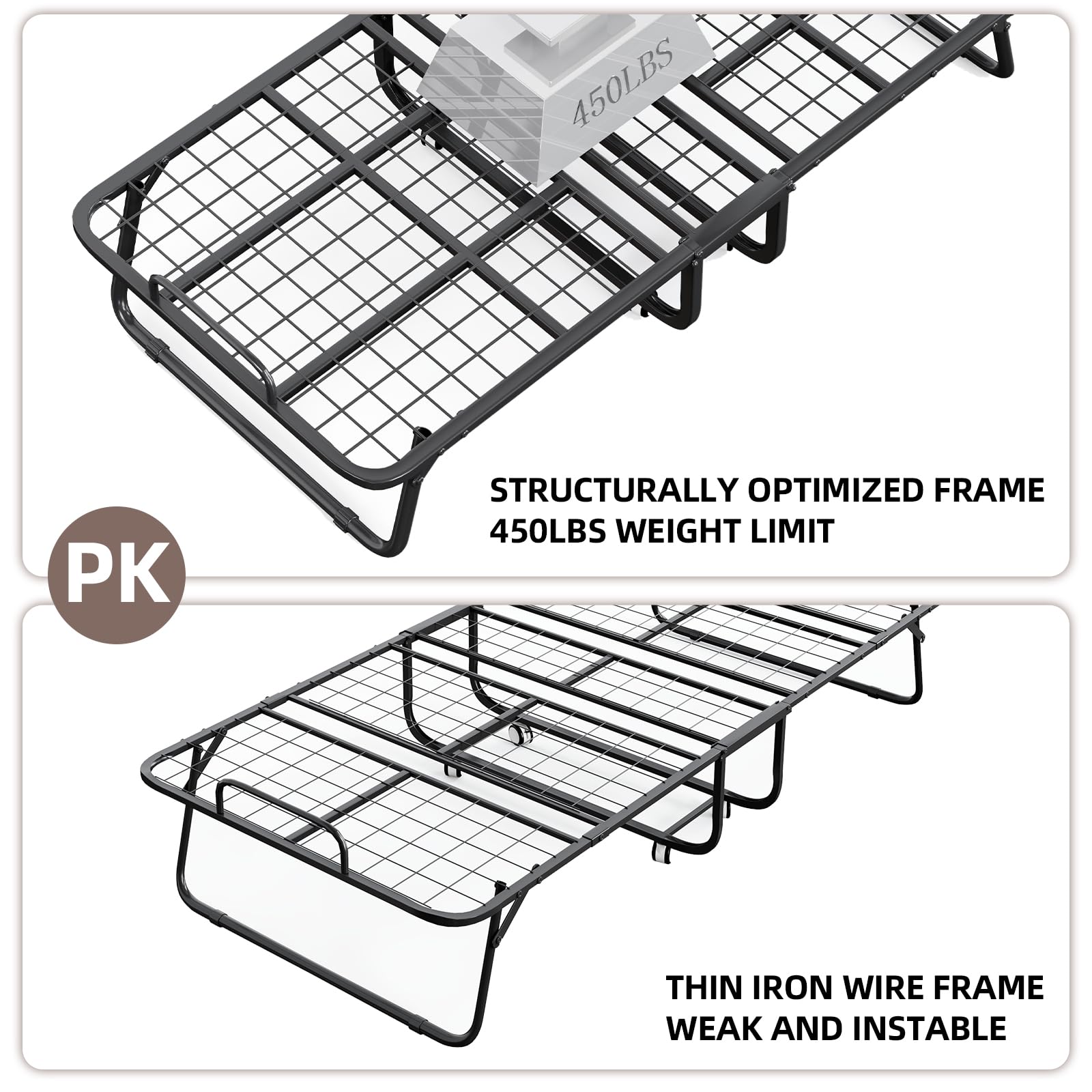 CAIYUN Klappbett 100x190cm Erwachsene mit ca.13CM Matratze aus Gedächtnisschaum Gästebett Klappbar Metallrahmen Klappbetten mit Rollen Reisebett Faltbares Metallbett Stabil bis 200 kg belastbar