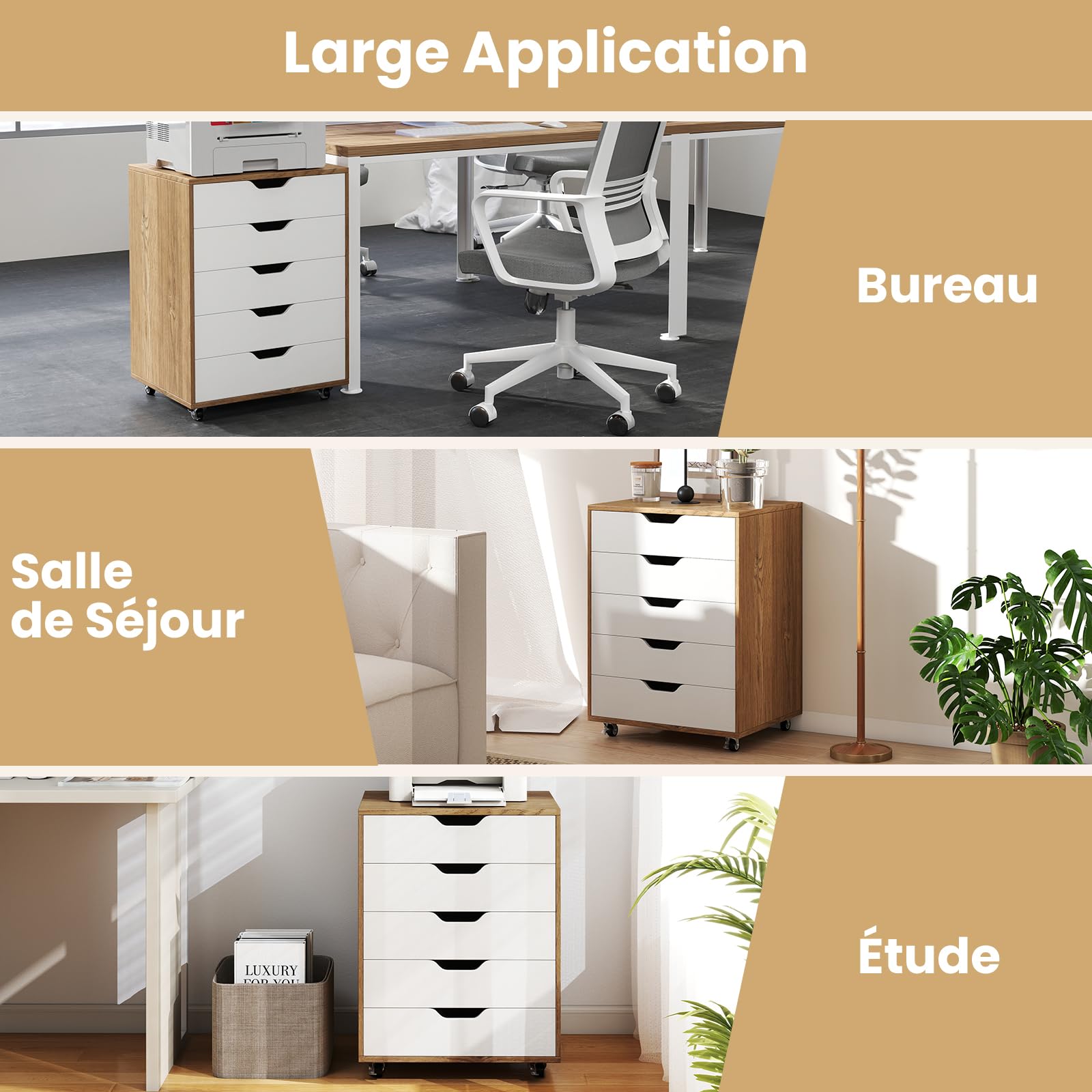 GOPLUS Caisson Bureau avec 5 Tiroirs à Roulettes en Bois, 49x40x65CM, Meuble Rangement Bureau Mobile avec Support Imprimante, Rangement à 5 Niveaux pour A4, Document, Format, Lettre, Idéal pour Maison