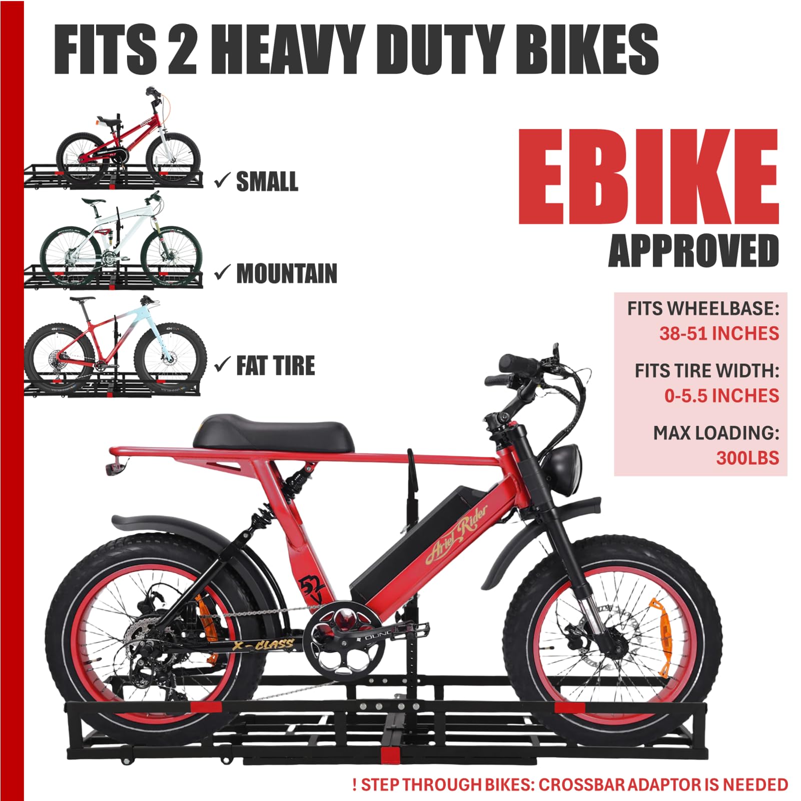 Hitch-Mount Bike Rack for Ebike Heavy-Duty - Comes with Cargo Carrier Fits 2 Electric Fat-Tire Mountain Bicycles Fits 2" Receiver for Car Trailer SUV Truck RV Minivan