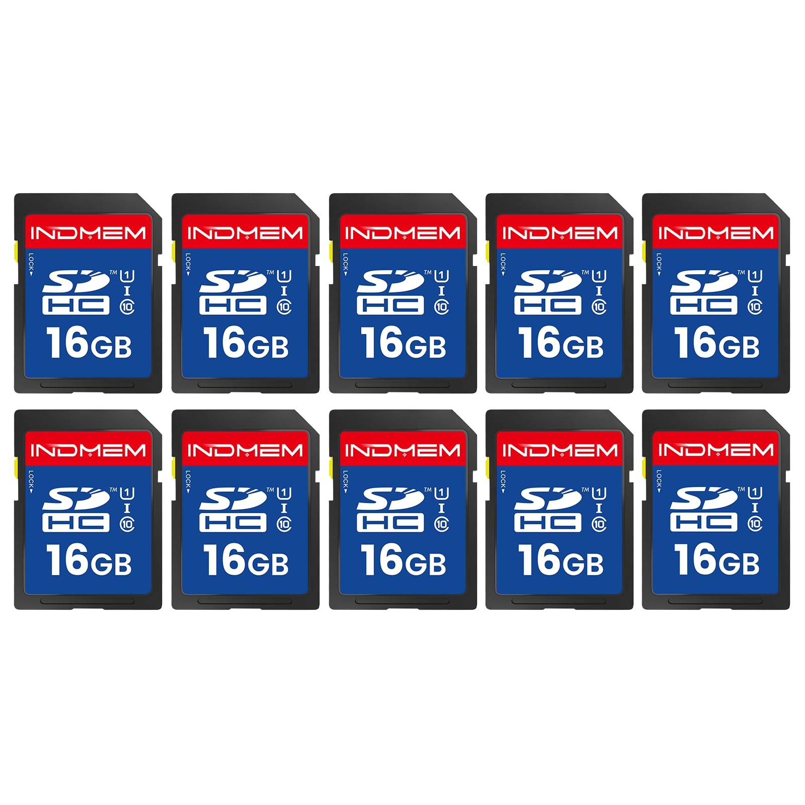 INDMEM - Scheda SD da 16 GB, confezione da 10 schede di memoria flash UHS-I classe 10 MLC, schede digitali sicure ad alta velocità per fotocamere, DSLR, Action Cam, archiviazione affidabile