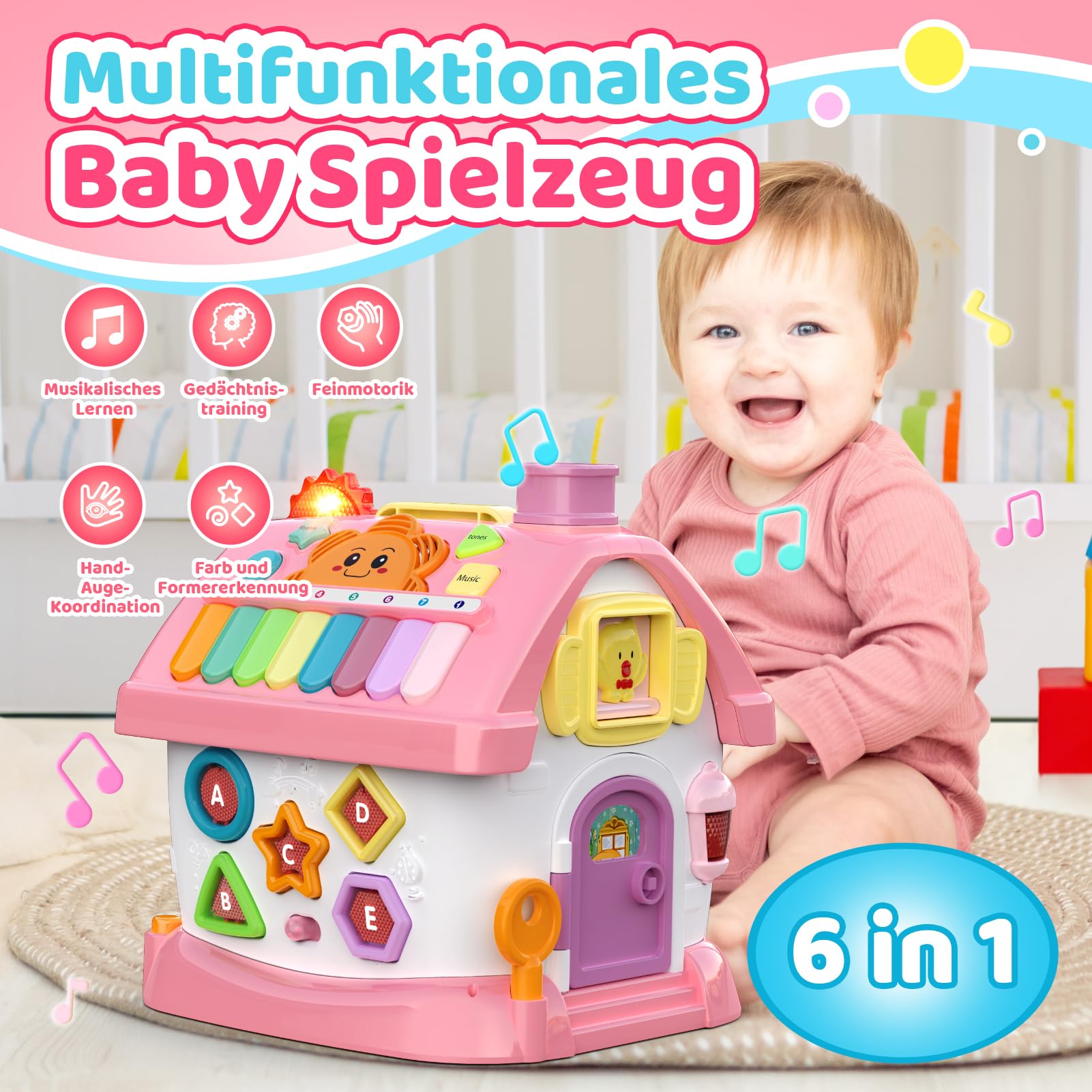Spielzeug ab 1 2 3 Jahre Mädchen: Montessori Spielzeug ab 1 Jahr, 6 in 1 Multi-Funktions-Haus Baby-Spielzeug mit Musik, Uhr, Licht, Telefon, Auto, Geburtstag Geschenk für Mädchen 1-3 Jahre (Rosa)