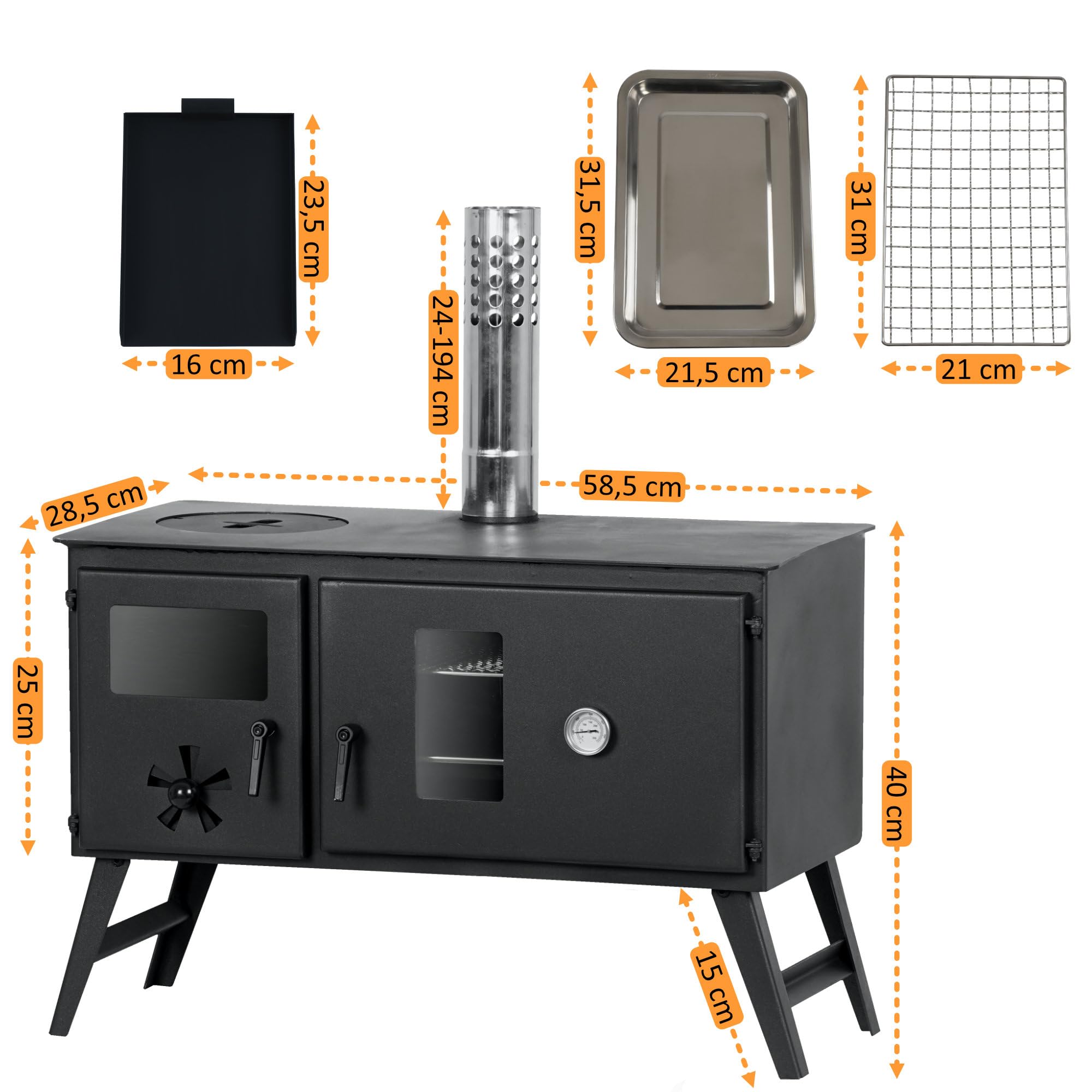CampFeuer Zeltofen 58,5 x 28,5 x 232 cm aus Stahl | schwarz | mit 2 Kammern, Feuerstelle | Kaminofen, Gartenofen, Holzofen für Camping & Outdoor | Zeltheizung, Camping Stove, Outdoor Ofen zum Kochen
