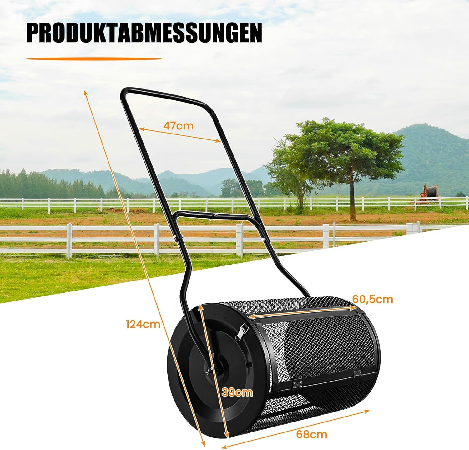 FANTASK Kompoststreuer 80L, Torfstreuer mit U-Griff, Düngerstreuer Rasen Garten, Gartenstreuer für Dünger & Setzlinge, Schwarz
