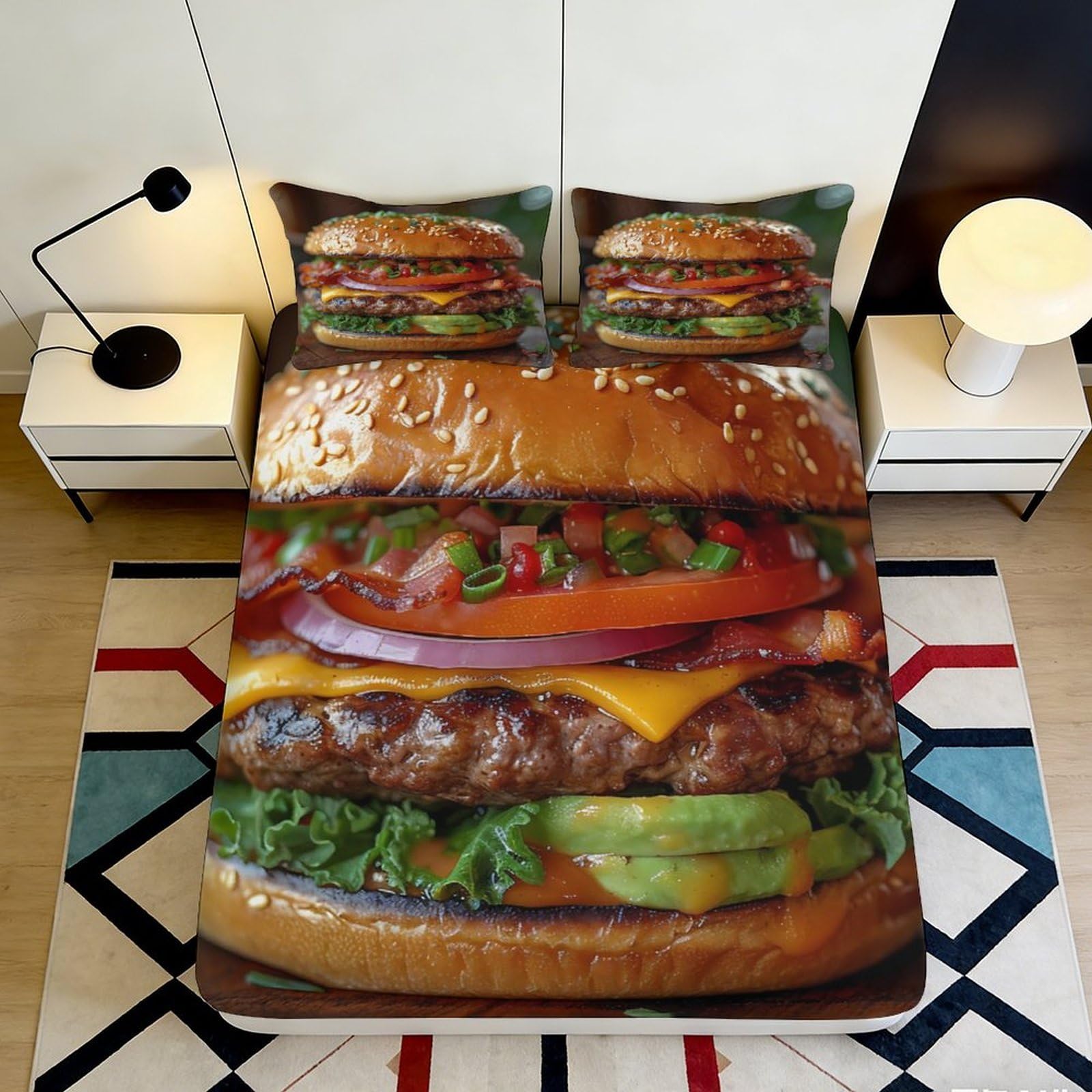 3D Printed Hamburger Burger Fitted Sheet Microfiber Soft Bedroom Decor Cheeseburger Mattress Cover for Home Dorm 200x200x25cm
