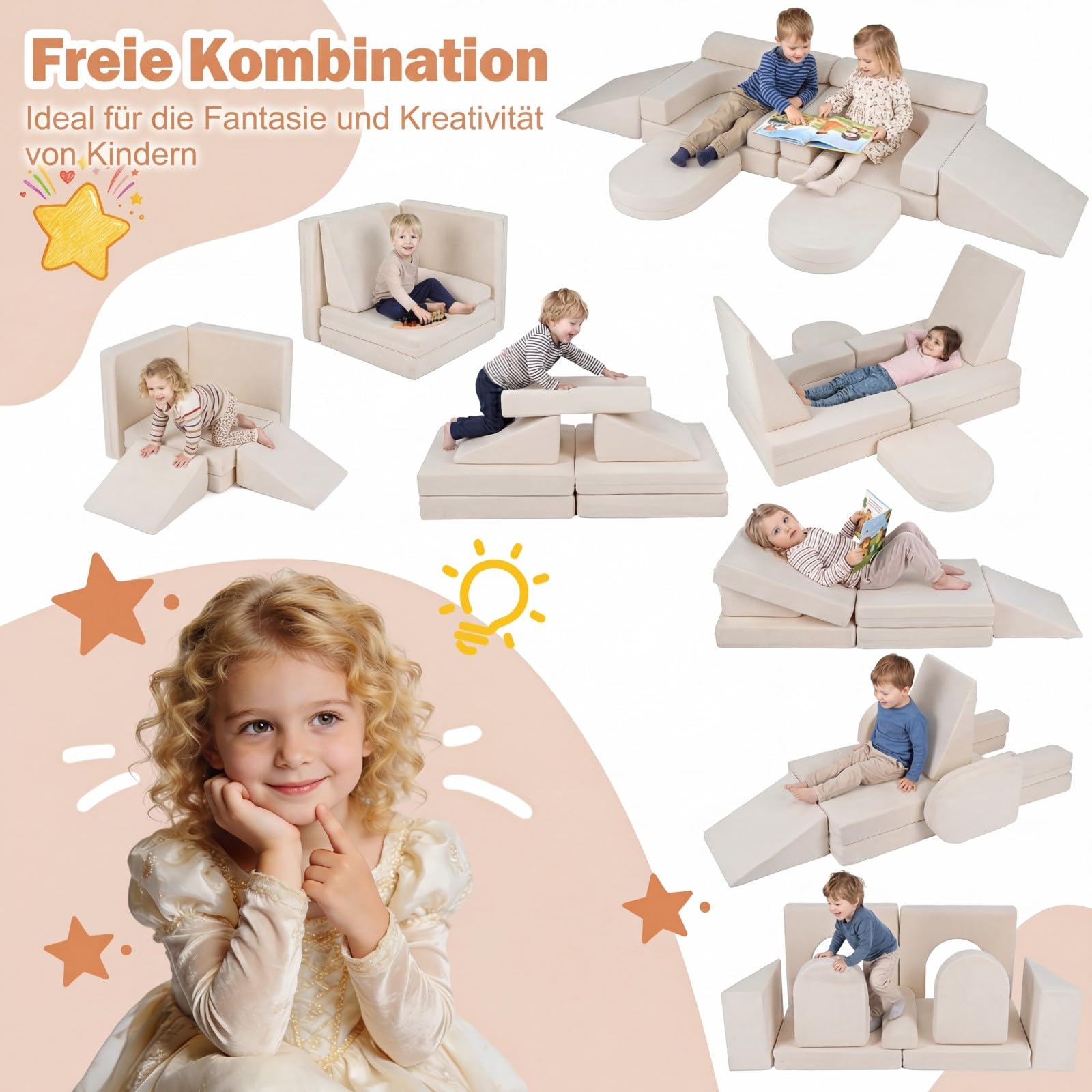 COSTWAY 10-teiliges modulares Spielsofa, Kindersofa ausklappbar mit abnehmbarem & waschbarem Bezug aus Wildleder, Schaumstoff Bausteine für Kinderzimmer, Kindercouch für Kinder ab 3 Jahren (Beige)