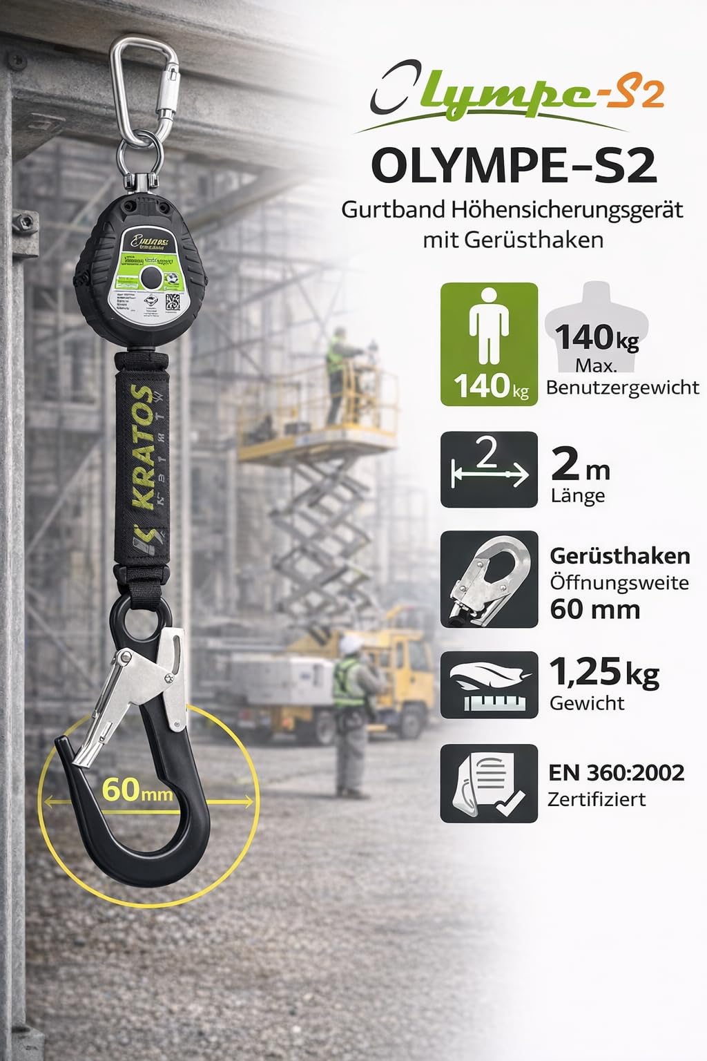Kratos Safety Olympe-S Gurtband, Höhensicherungsgerät mit Gerüsthaken, Bandfalldämpfer und integriertem Bremssystem, Fallfaktor 2, Länge 2 m, EN360, PSA