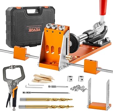 VEVOR Pocket Hole Jig Kit, 34 Pcs Pocket Hole Jig System with 11 C-clamp, Fixture, Step Drills, Wrenches, Drill Stop Rings, Square Drive Bits, Toolbox, Adjustable, for DIY Carpentry Projects