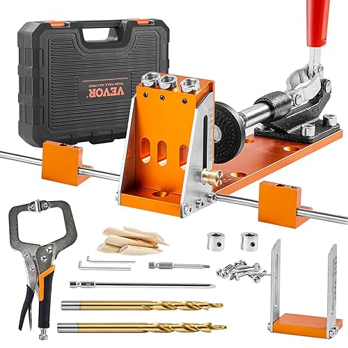 VEVOR Pocket Hole Jig Kit, 34 Pcs Pocket Hole Jig System with 11" C-clamp, Fixture, Step Drills, Wrenches, Drill Stop Rings, Square Drive Bits, Toolbox, Adjustable, for DIY Carpentry Projects