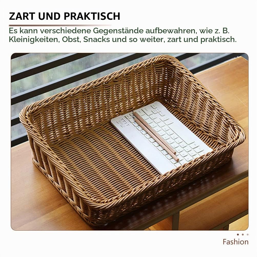 BESTonZON Geflochtener Aufbewahrungskorb Eckig 40x30x12cm Brotkorb Obstkorb Regal Organizer Kiste Multifunktional Aufbewahrungskiste für Küche Bad Kinderzimmer Desktop Organizer Braun