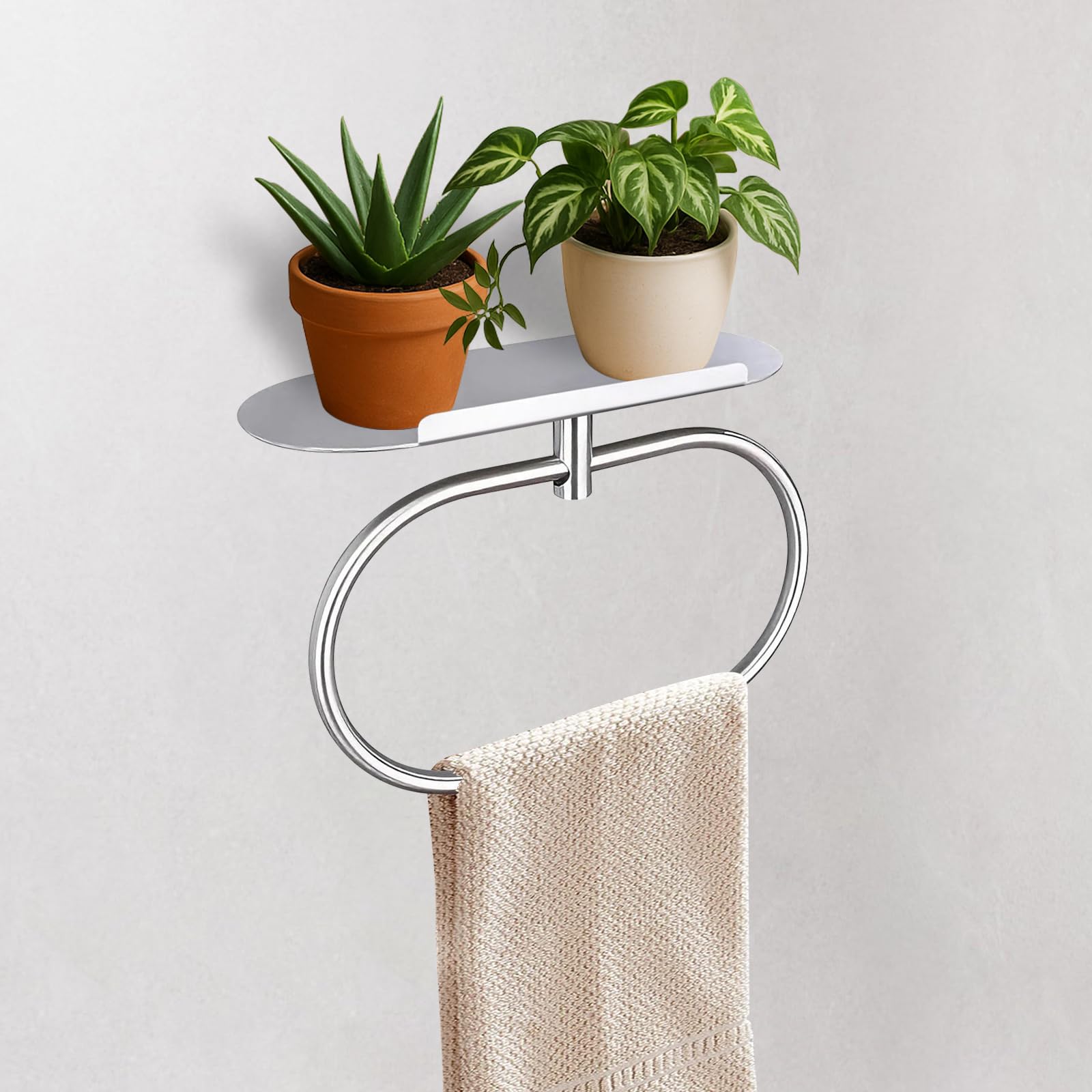 HONPHIER Towel Ring with Shelf, Bathroom Towel Holder Self Adhesive Stainless Steel Hand Towels Ring Rack, Wall Mounted Towels Hanger Rail for Bath Kitchen Hotel (Brushed Nickel)