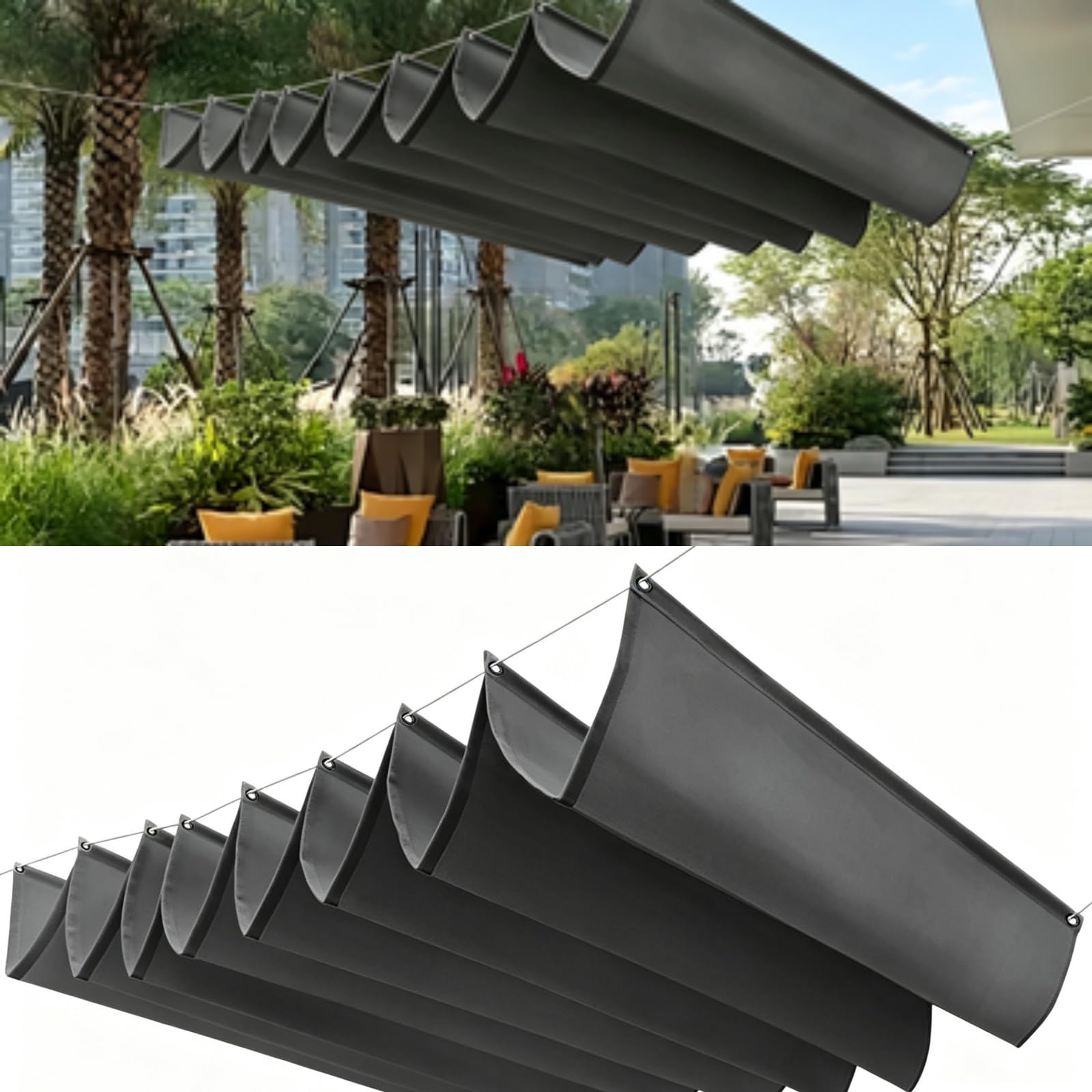 Markiza Przeciwsłoneczna 145 x 320 cm Regulowany Na Zamówienie Żagiel Przeciwsłoneczny Do Pergoli Z Oczkami I Sznurkiem Do Ogrodu Zewnętrznego, Patio, Trawnika, Ciemny szary