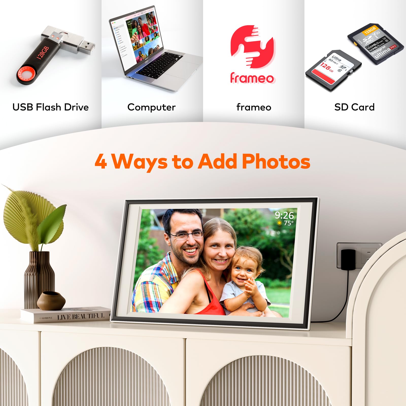 Frameo Cadre photo numérique 12,7 pouces 64 Go, 1440 x 1080p IPS Touch Electronic Photo Frame Rotation automatique et support mural, USB et carte SD, partage de photos/vidéos