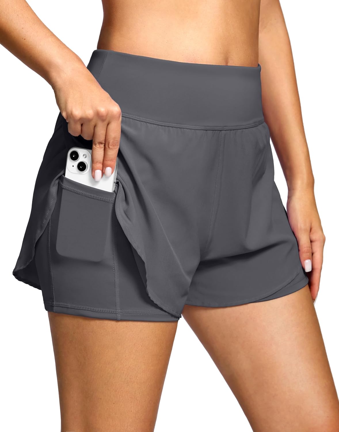 Women's 2 in 1 Running Shorts - High Waisted Lightweight Athletic Workout Gym Yoga Shorts Spandex Liner with Pockets