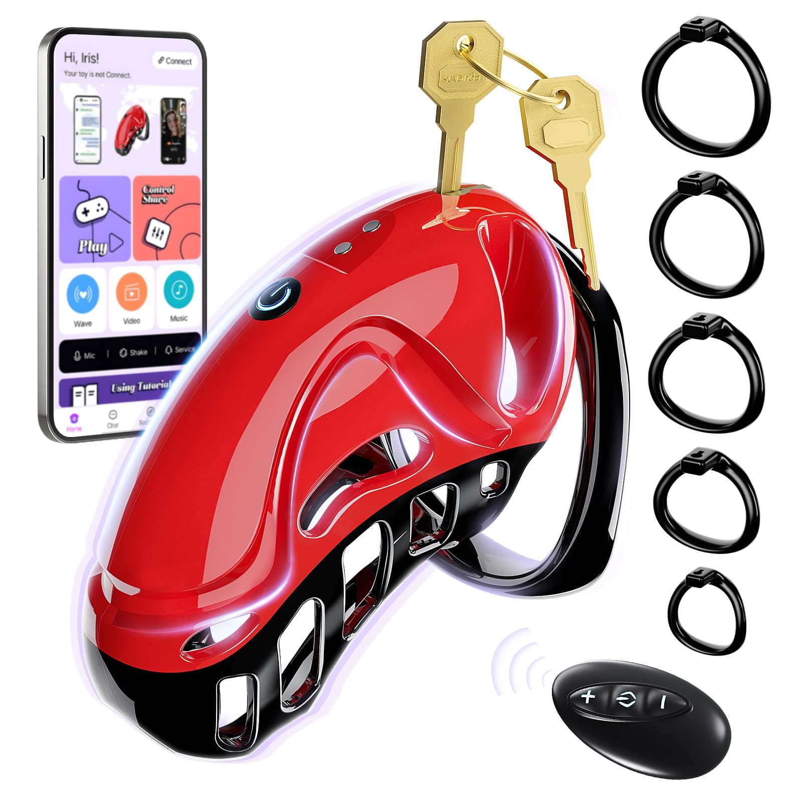 Male Chastity Device with App & Remote Control - Adjustable Cock Cage Set, 5 Rings, 10 Vibration Modes for Adult Exercise Gear RF8K93