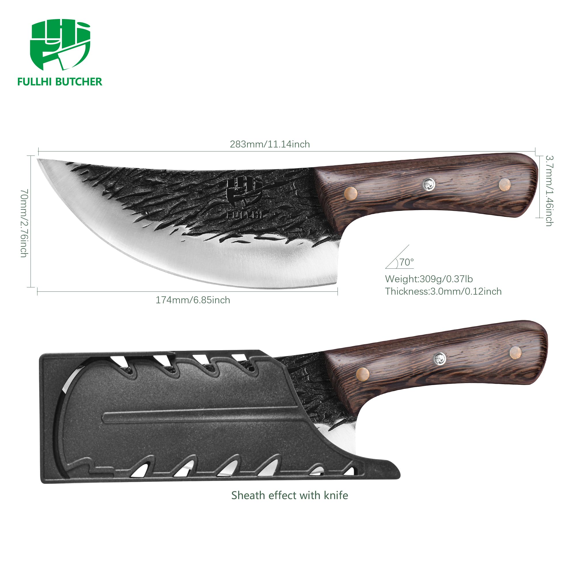 FULLHI Manico in legno Mannaia per carne pesante con fodero 2 pezzi, affettatrice in acciaio ad alto tenore di carbonio per la casa, il campeggio e il barbecue (Marrone, 17cm)