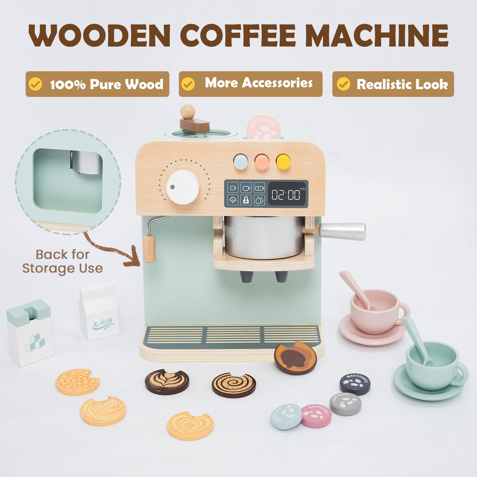 Kinder Kaffeemaschine Spielset, 23PCS hölzerne Küche Spielzeug, Spielen Küche Zubehör für Kleinkinder, Espressomaschine Spielset, Geschenk für Jungen und Mädchen 3 4 5 Jahre