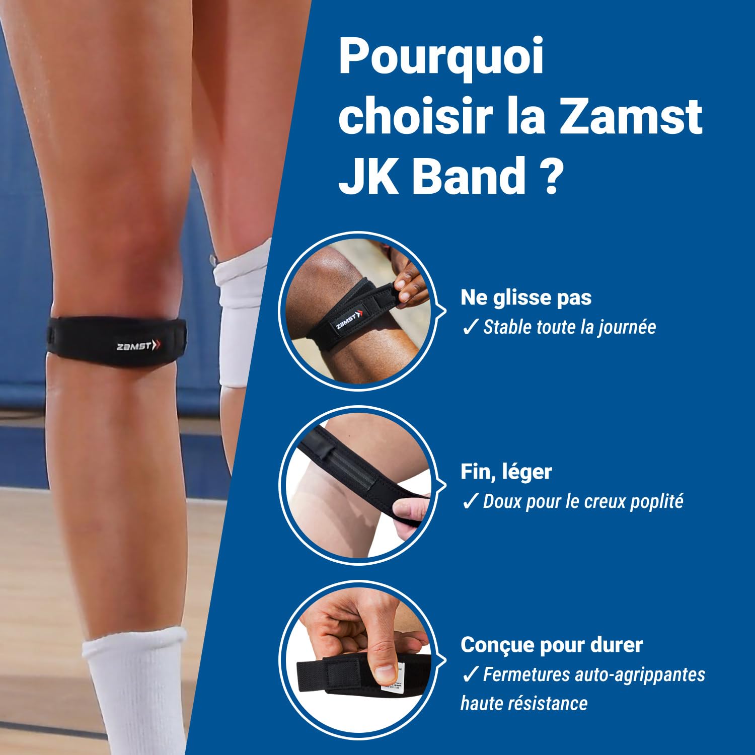 Zamst JK Band Sports Patella Band - Genouillère de Support avec Compression pour le Soulagement de la Douleur au Tendon Rotulien - Pour les Sports Légers, Course, Randonnée, Tennis, Athlétisme - M