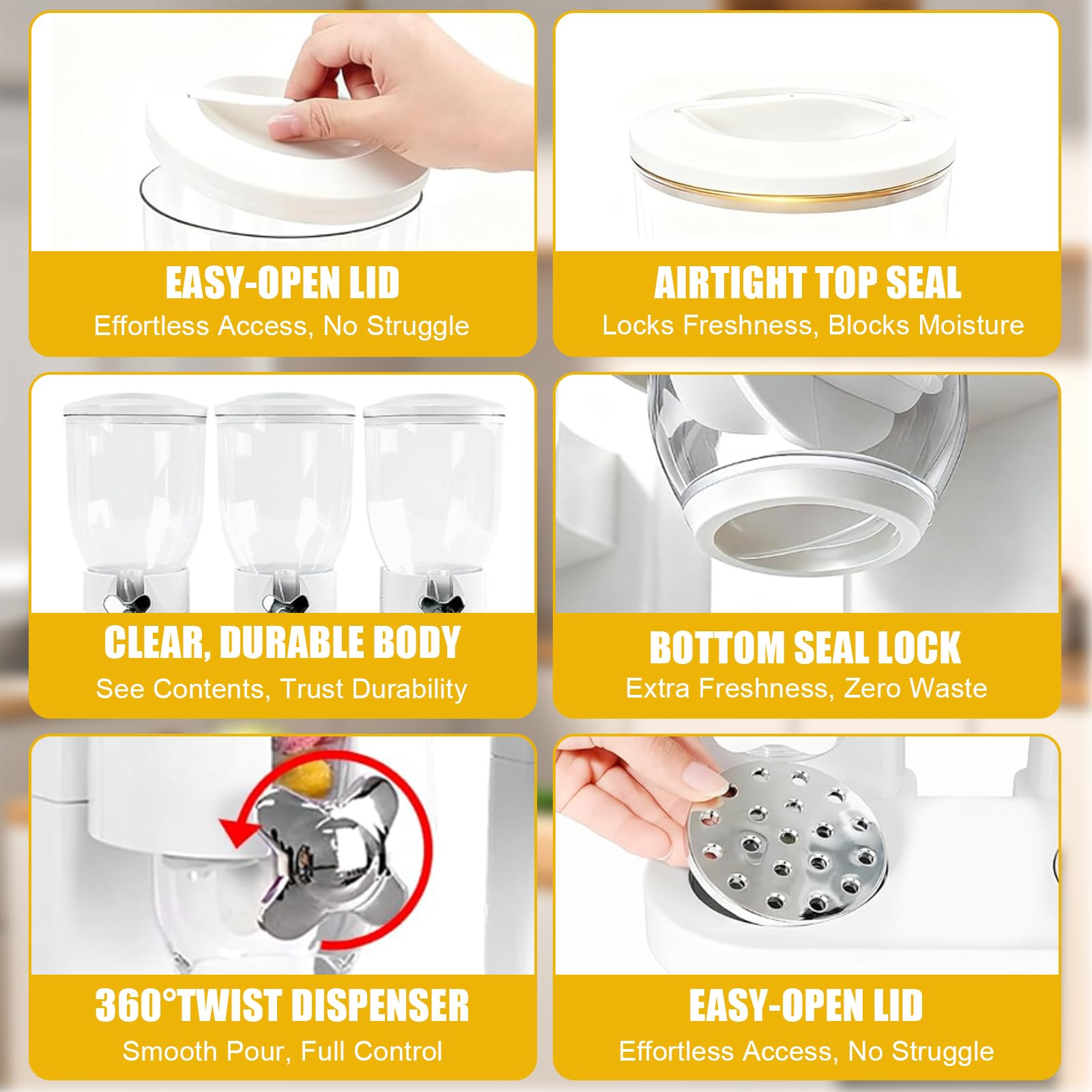 Cereal Dispenser 2L, Dreifacher Müsli Verteiler für die Arbeitsplatte, Müslispender 3er Set Luftdichte Behälter für Müsli, Reis, Körner, Süßigkeiten, Kaffebohnen