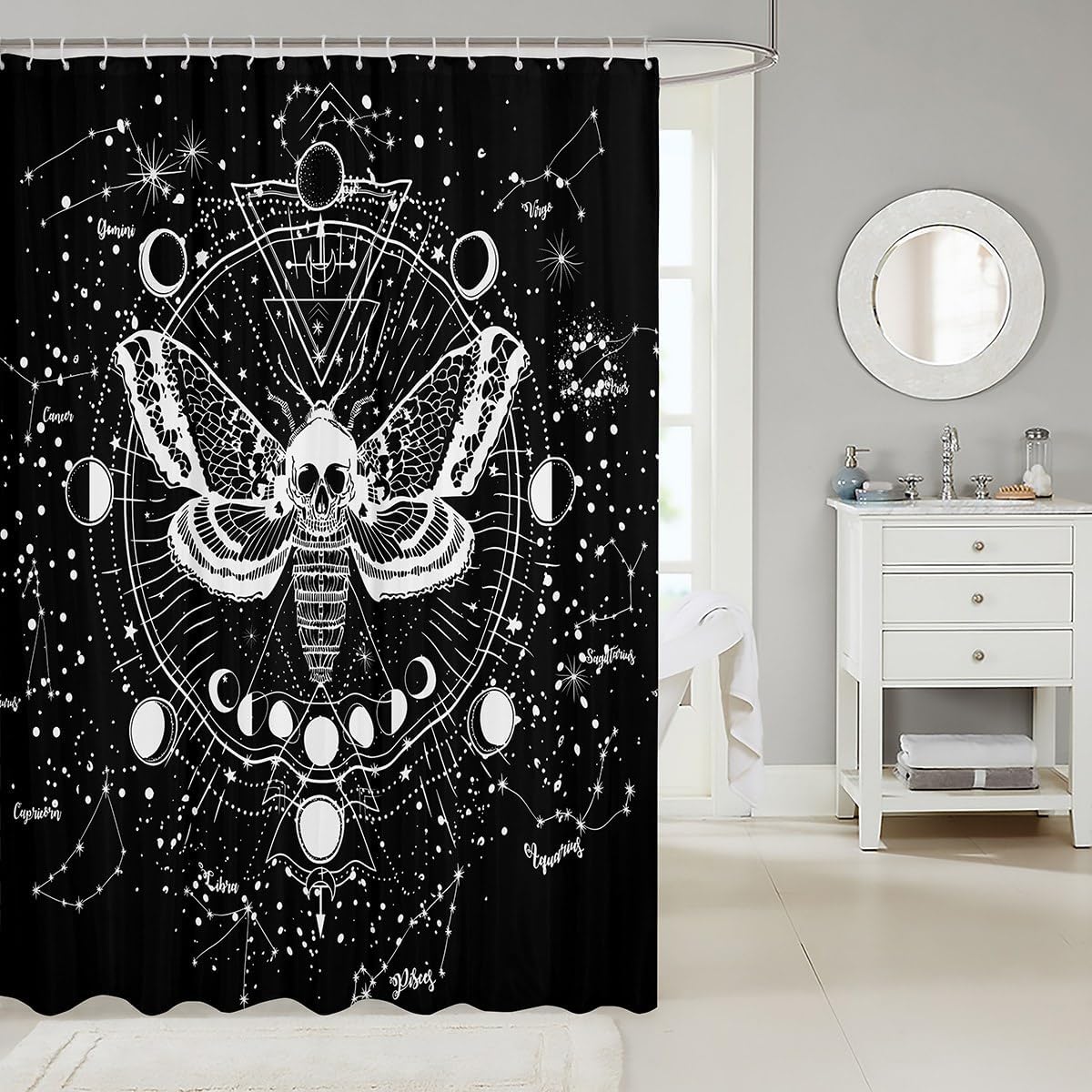Gothic Decor Shower Curtain Boys Boho Moth Bath Curtain Men Gothic Sugar Skull Shower Stall Curtain Galaxy Starry Sky Halloween Gothic Curtain For Kids Girls Women, Black White 72" W x 78" L
